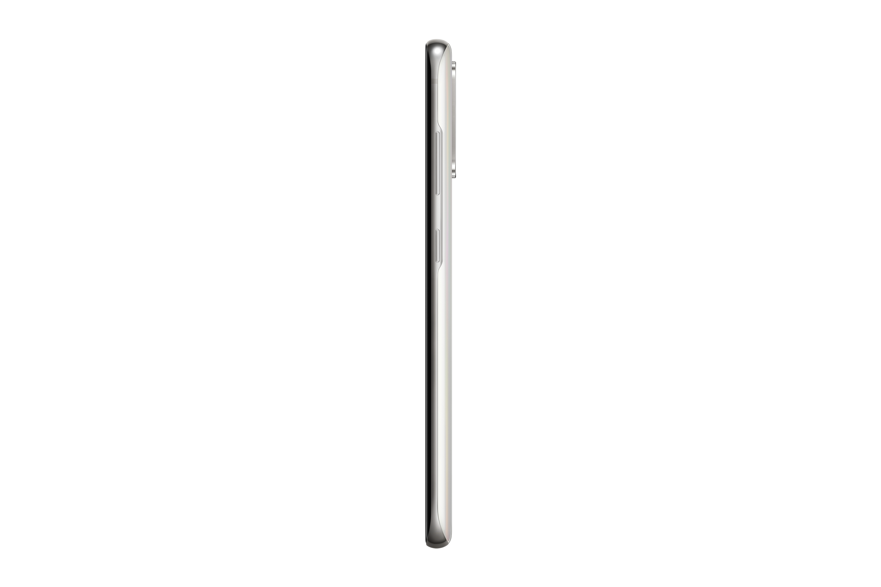 Een slanke, zilveren telefoon, van de zijkant bekeken, tegen een witte achtergrond.