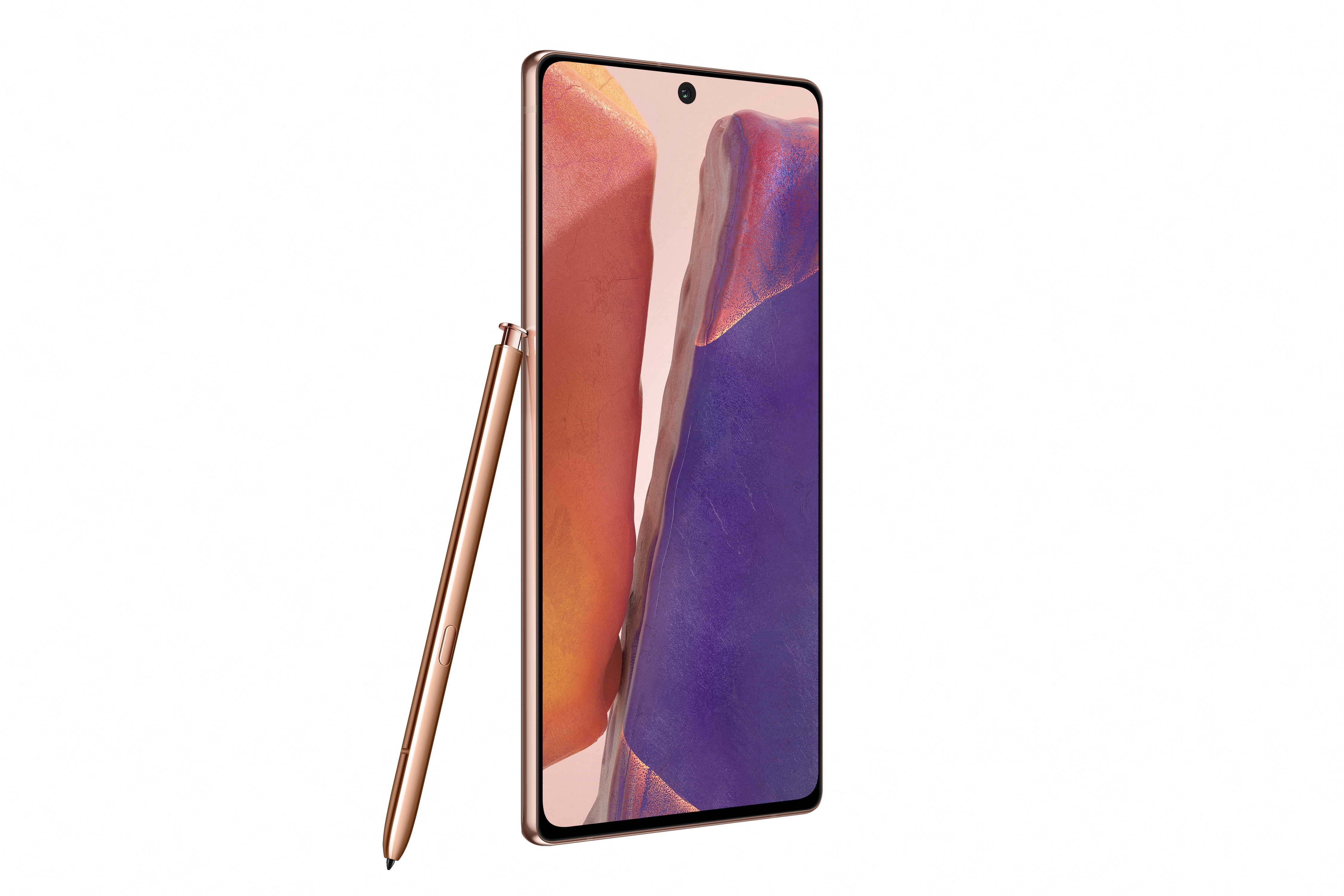 Un smartphone oro rosa con su lápiz. El teléfono tiene una pantalla grande.