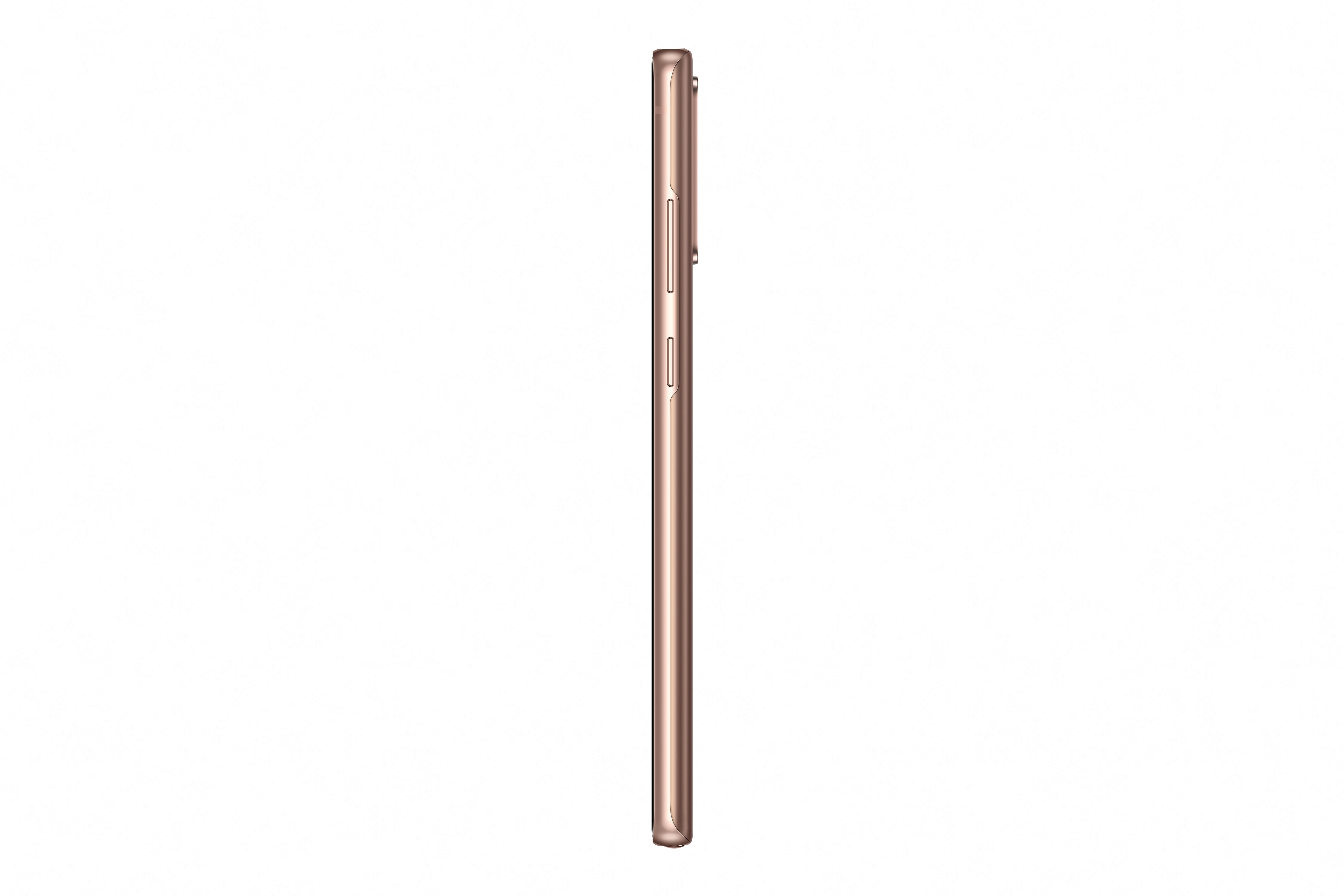 Smartphone oro rosa, vista lateral, aislado sobre fondo blanco.