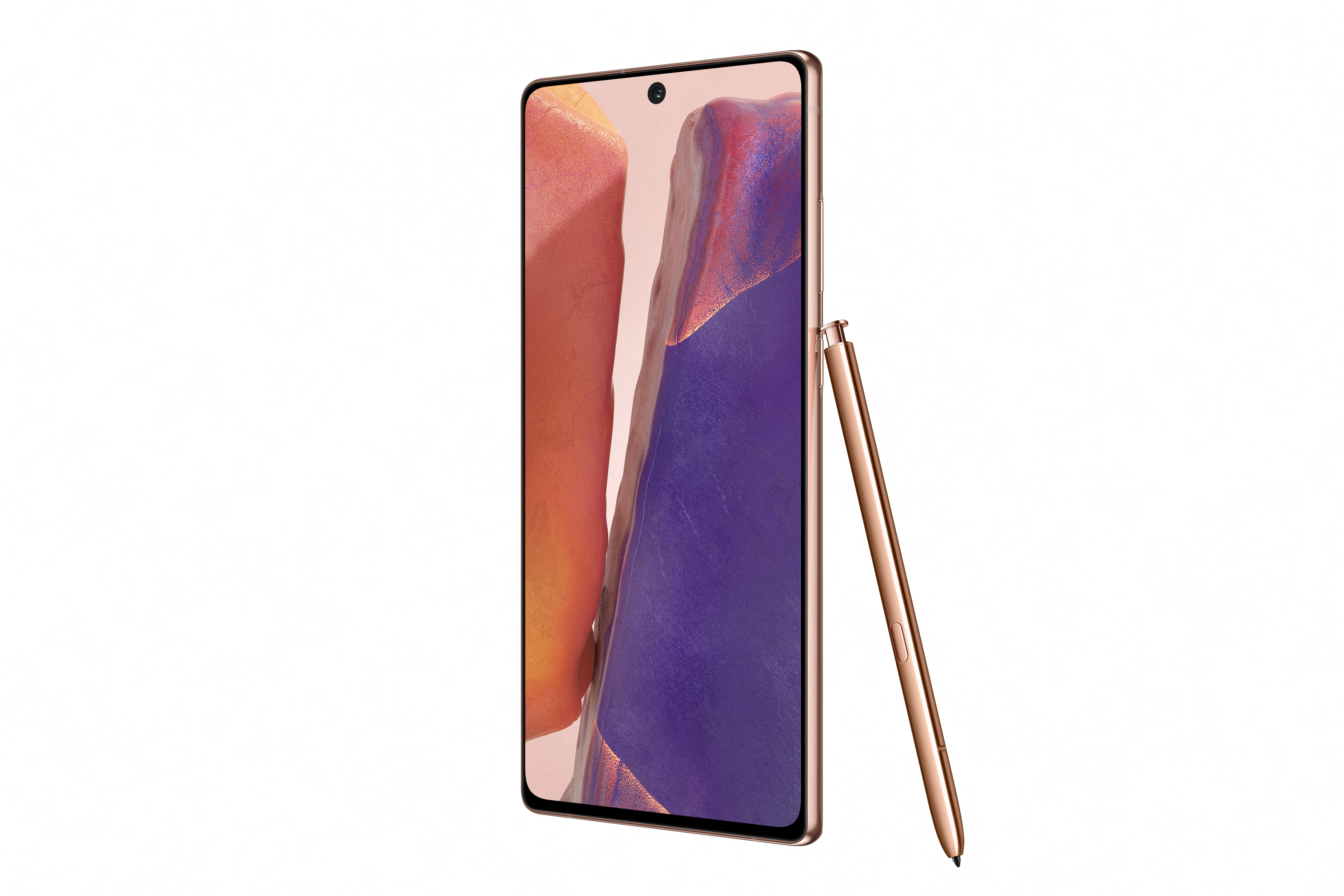 Smartphone oro rosa con lápiz óptico. El teléfono está de pie. Fondo blanco.