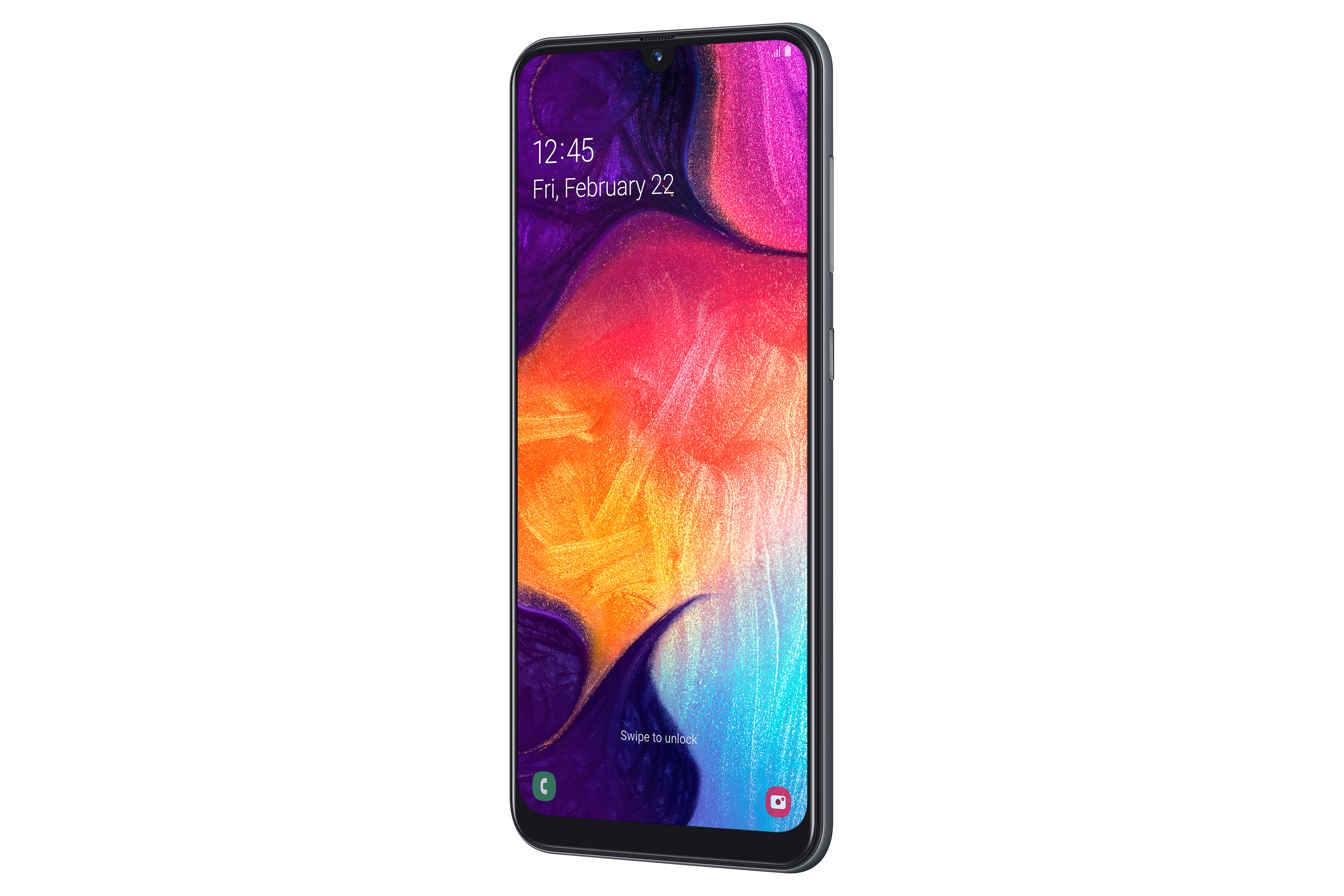 Schwarzes Samsung-Telefon mit farbenfrohem Hintergrund, auf weißem Hintergrund.