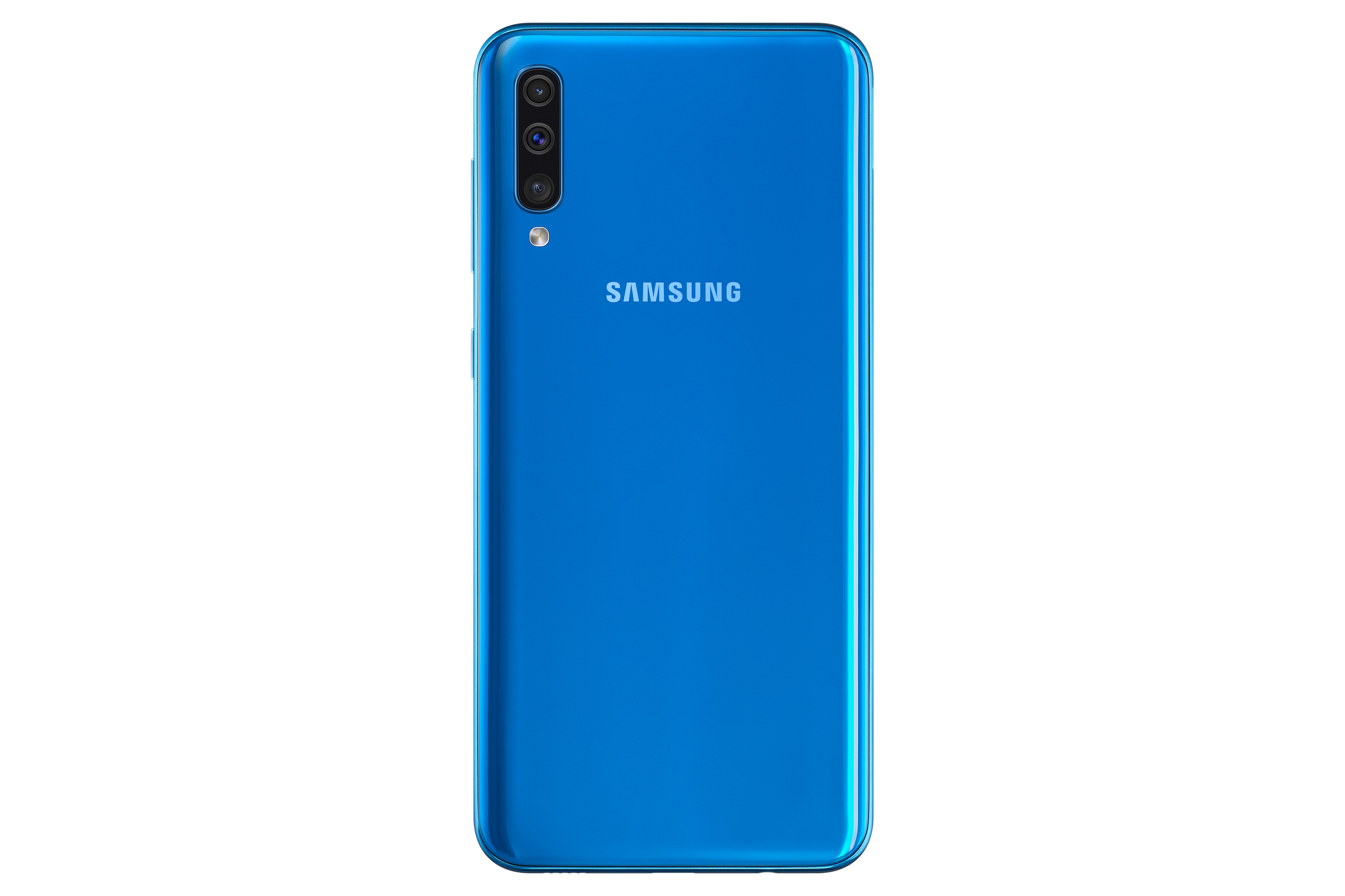 Blaue Samsung-Smartphone-Rückseite, mit Kamera und Logo auf weißer Oberfläche.