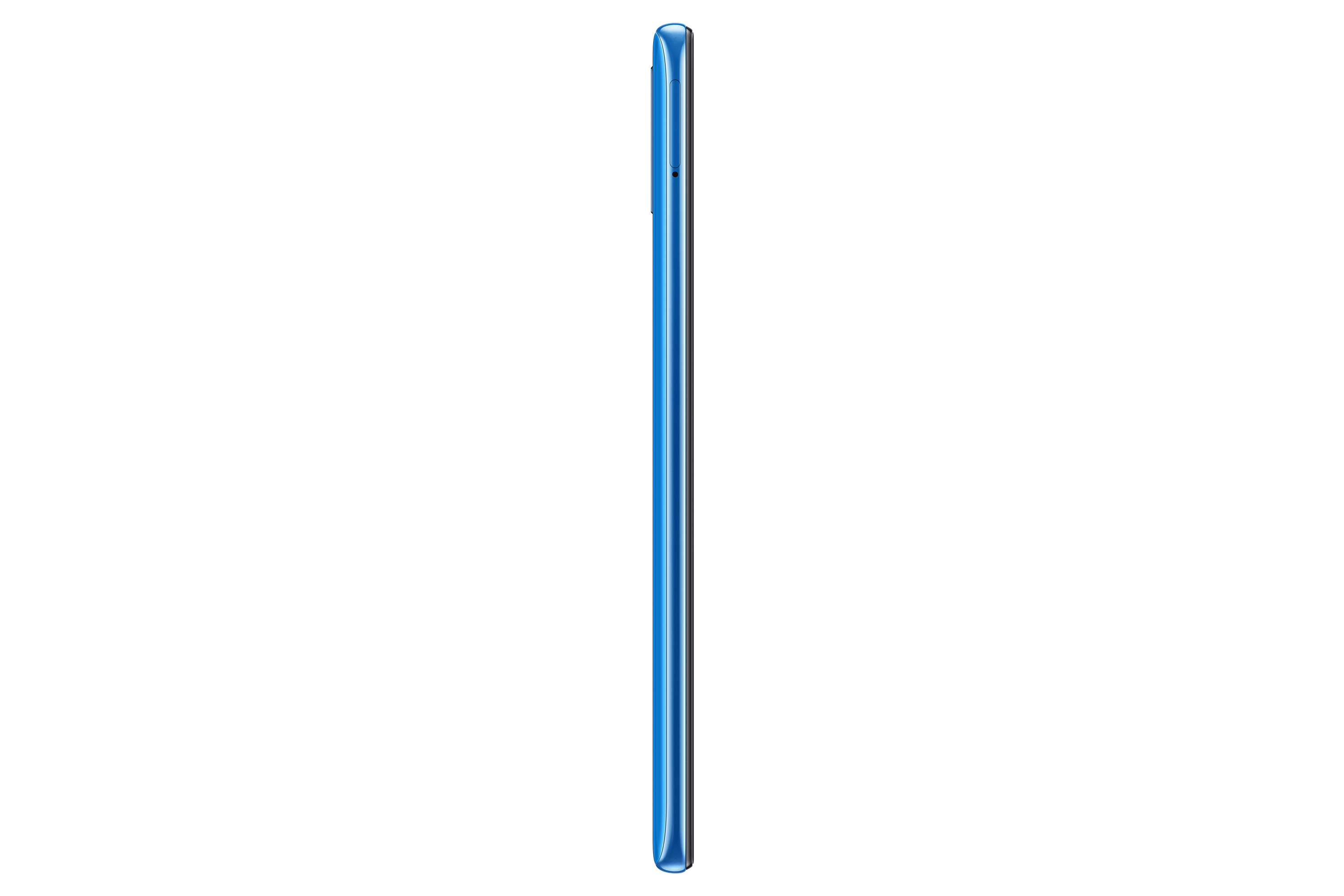 Blaues Smartphone von der Seite mit weißem Hintergrund.