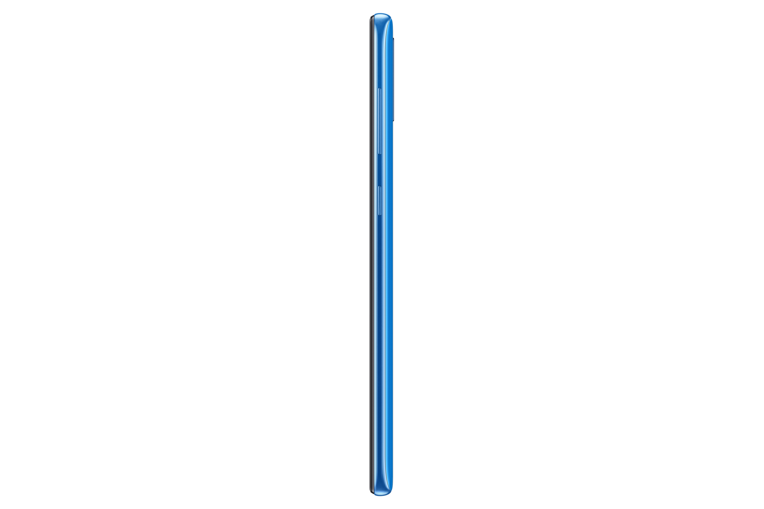 Blaues Telefonprofil, zeigt Seitentasten. Weißer Hintergrund.