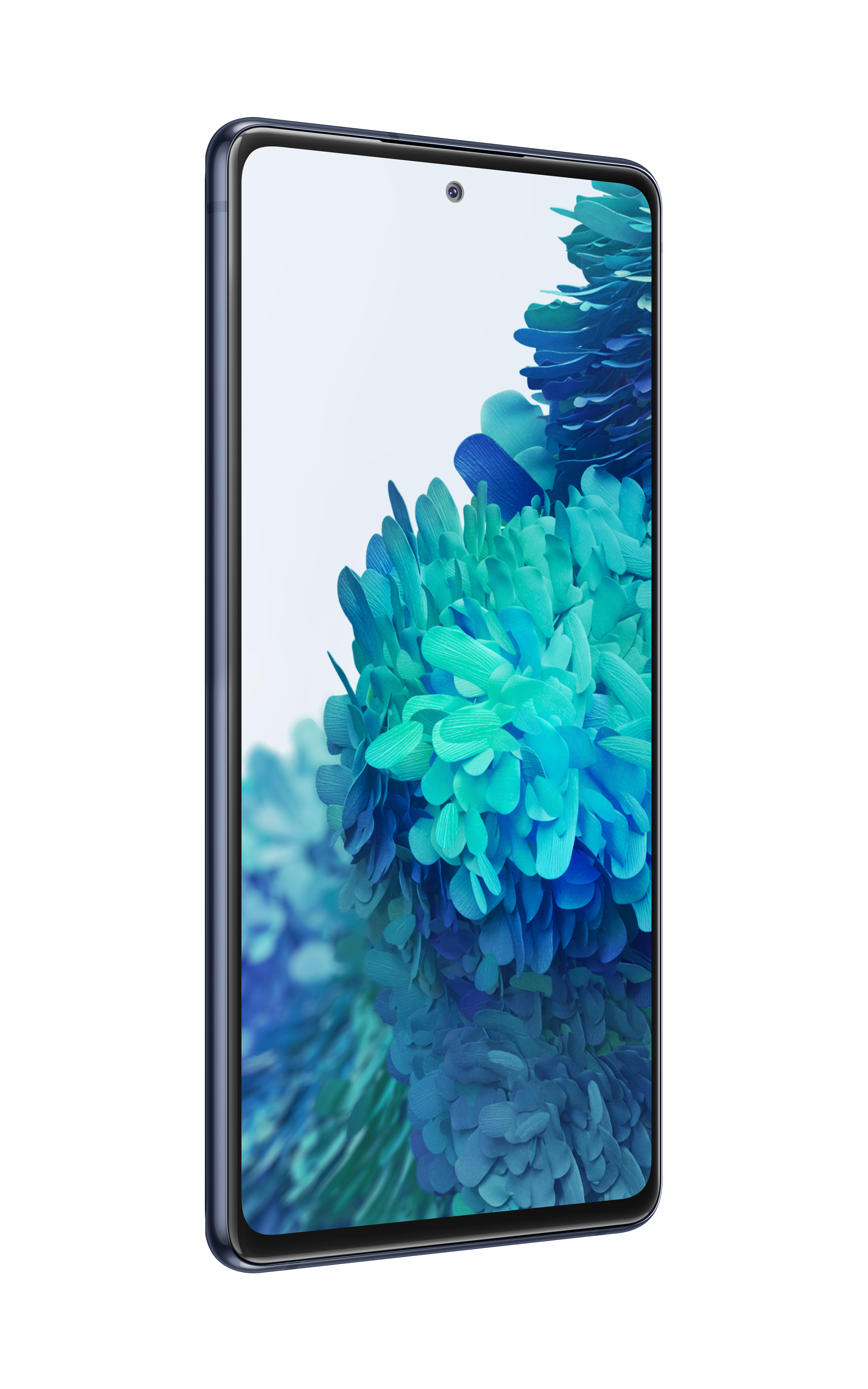 Ein blaues Telefon mit einem weißen Bildschirm, der einen floralen Hintergrund anzeigt.