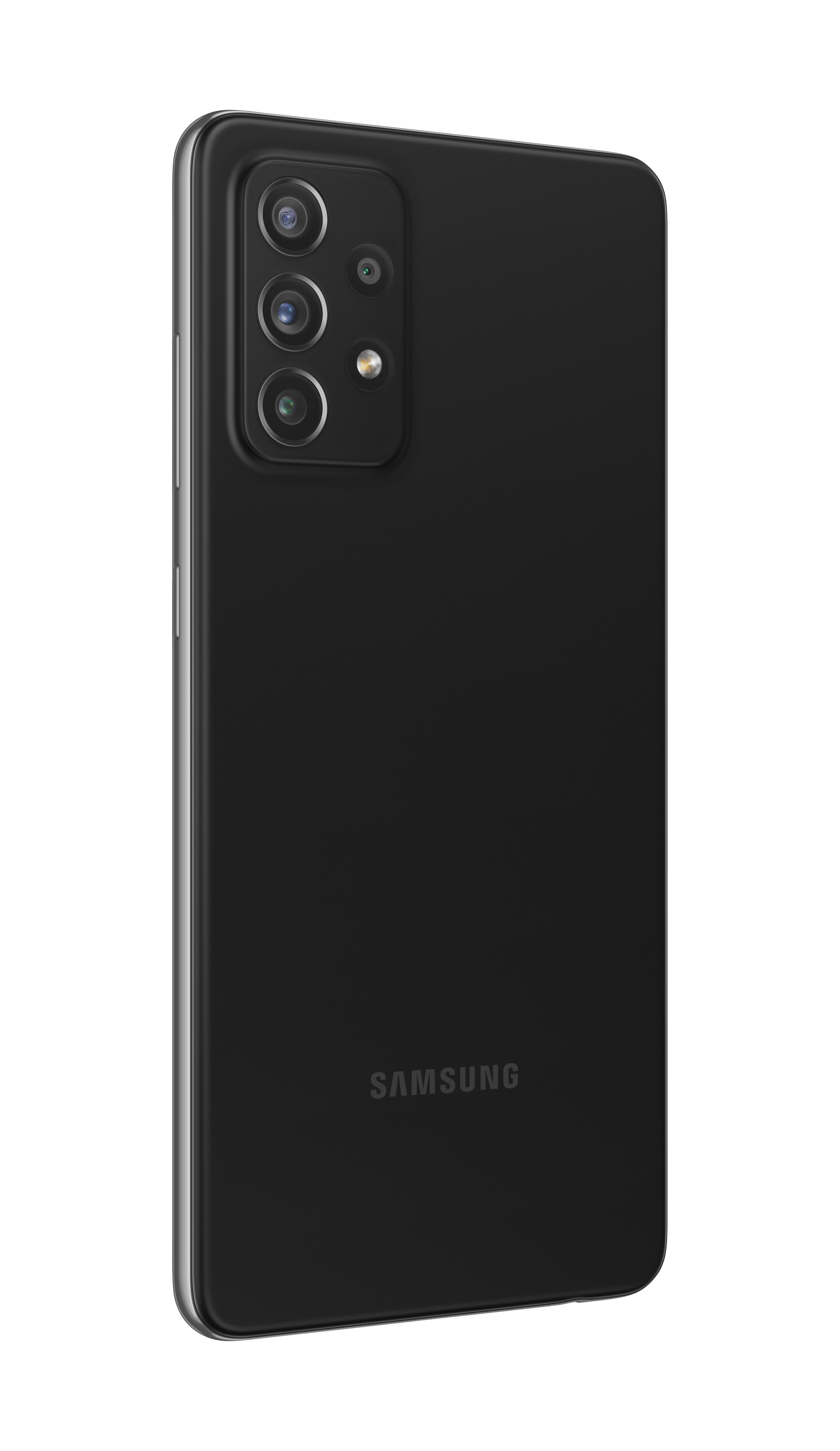 Czarny telefon Samsung pod kątem, pokazujący tył z trzema aparatami i logo Samsung. Elegancki design.