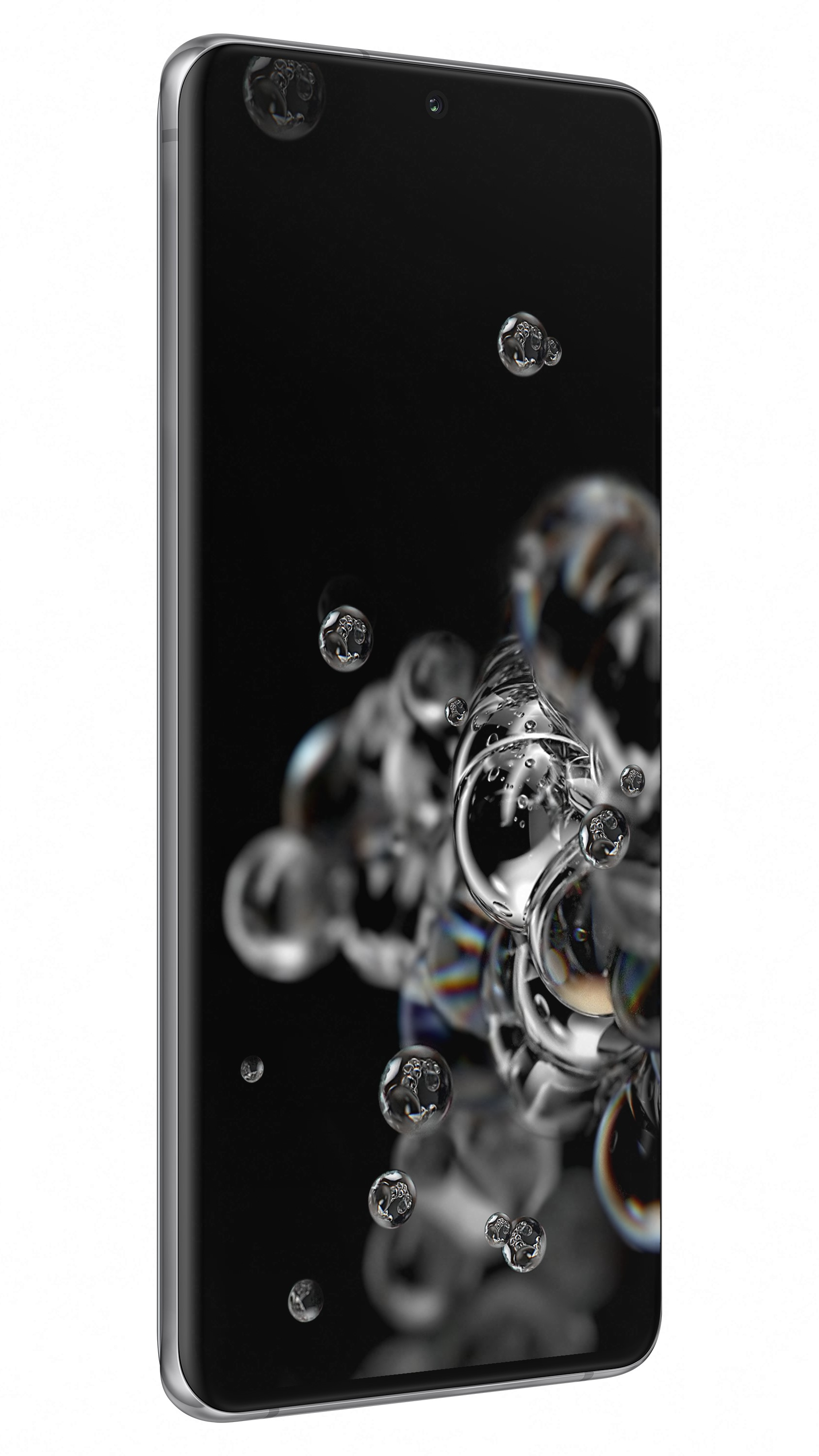 Schwarzes Smartphone mit Blasen, die auf dem Bildschirm schweben. Das Telefon hat einen silbernen Rahmen.
