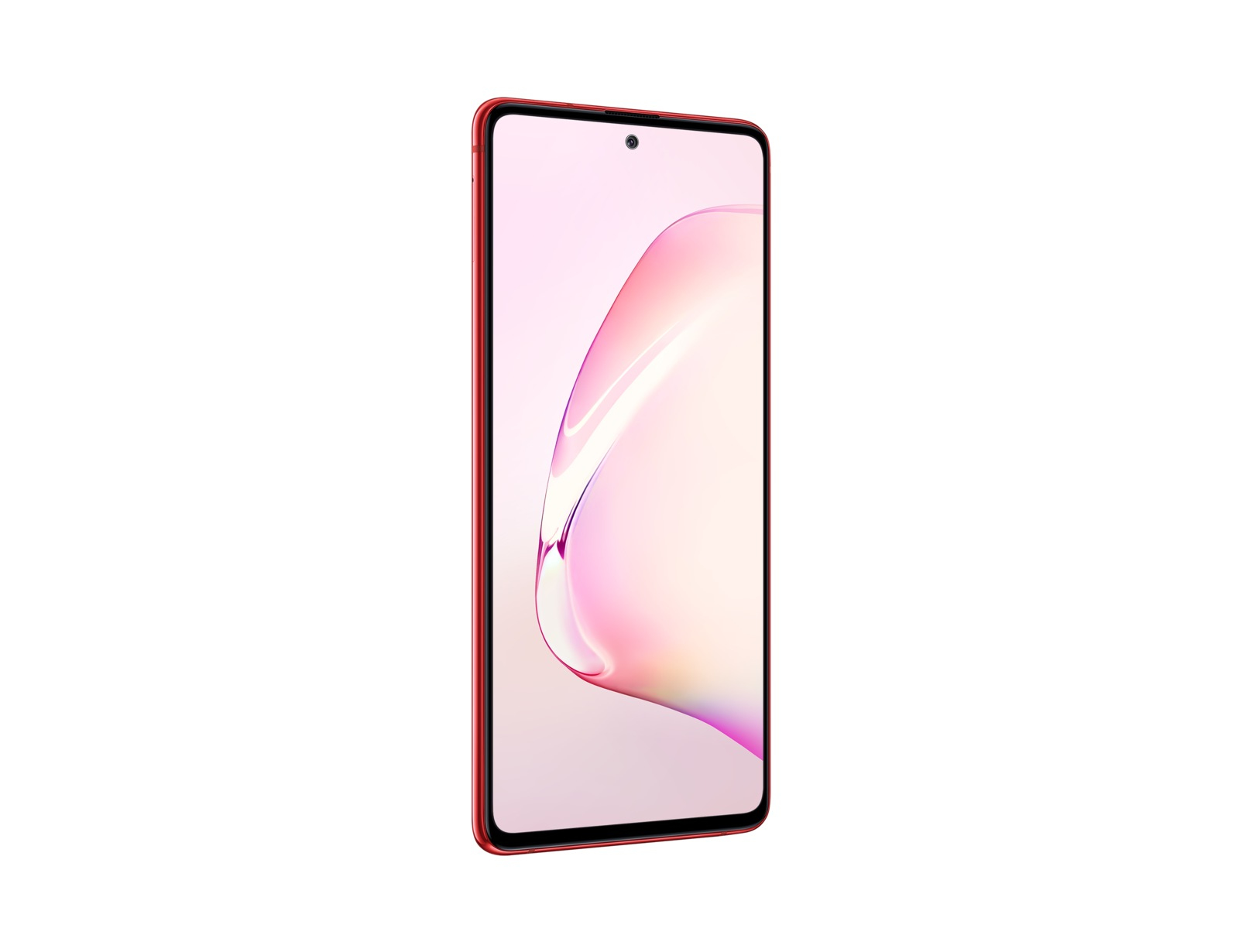 Rotes Smartphone mit Bildschirm, der eine bunte Anzeige zeigt, auf weißem Hintergrund.