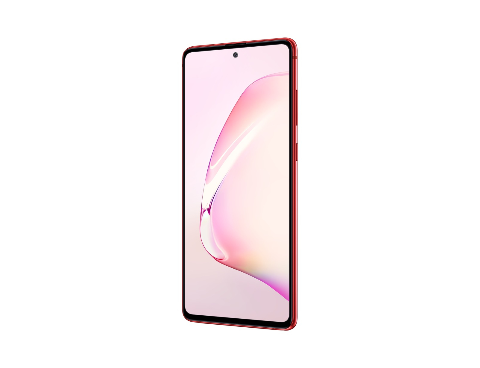 Rotes Smartphone, Seitenansicht mit pinkem Bildschirm, freigestellt.