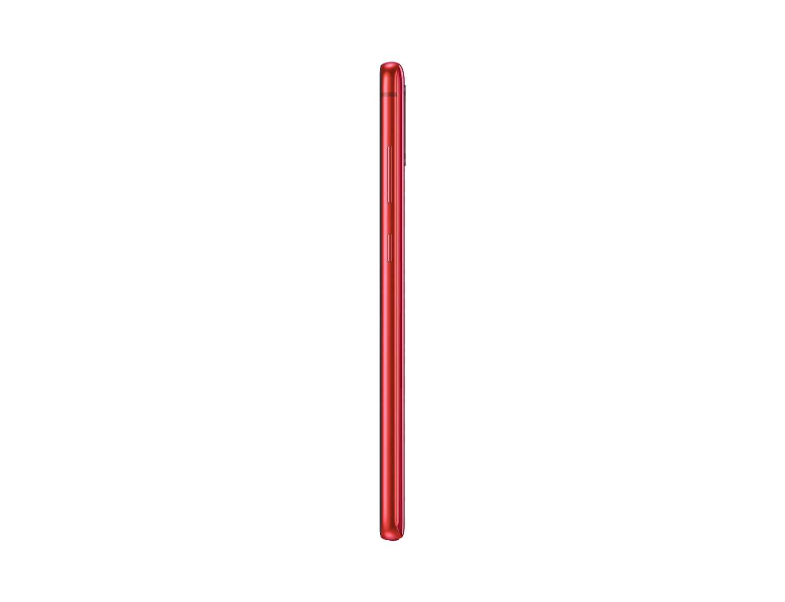 Ein rotes Smartphone im Profil, das Seitentasten zeigt, vor weißem Hintergrund.