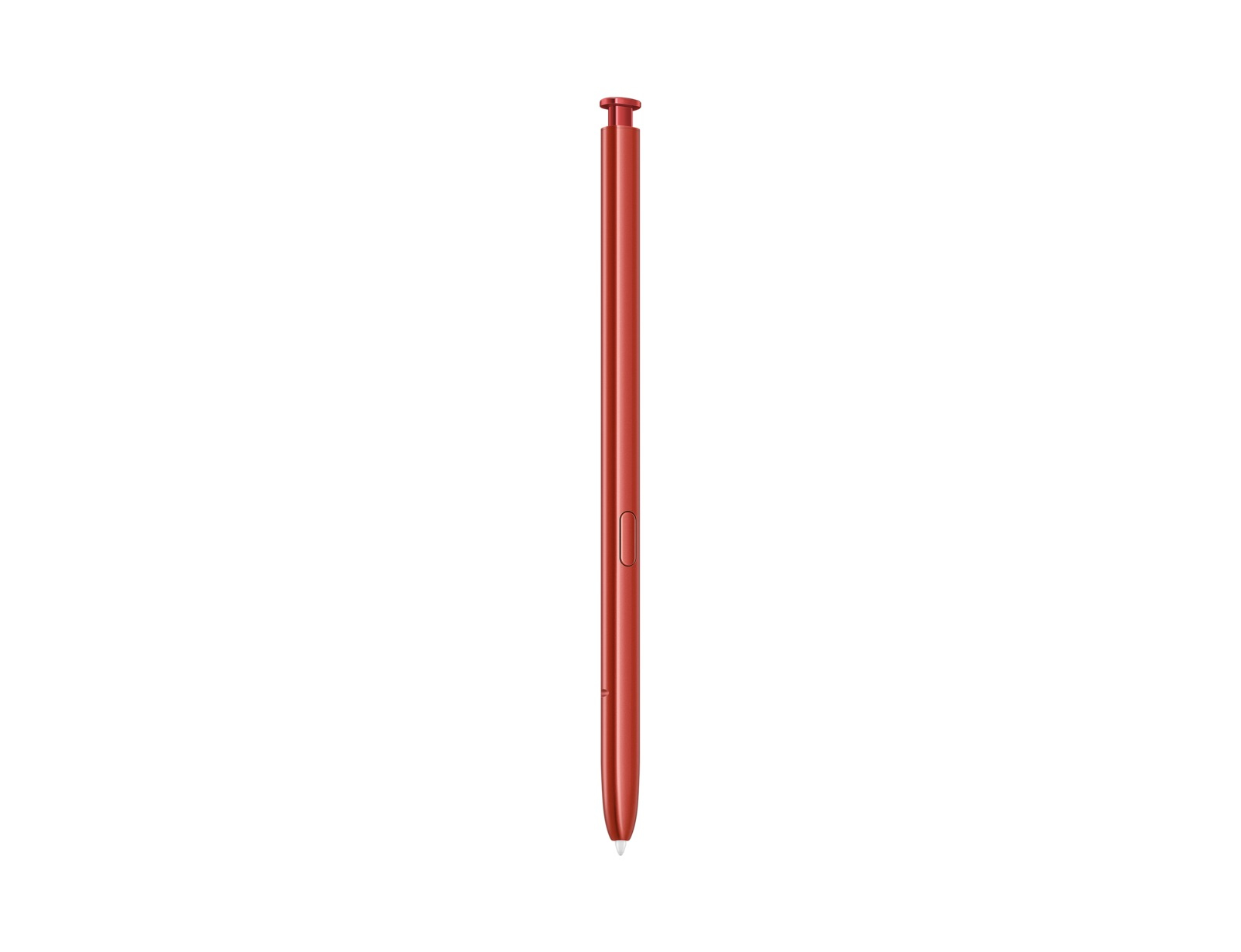 Ein roter Eingabestift, der vertikal vor weißem Hintergrund dargestellt wird. Er wirkt elegant und modern.
