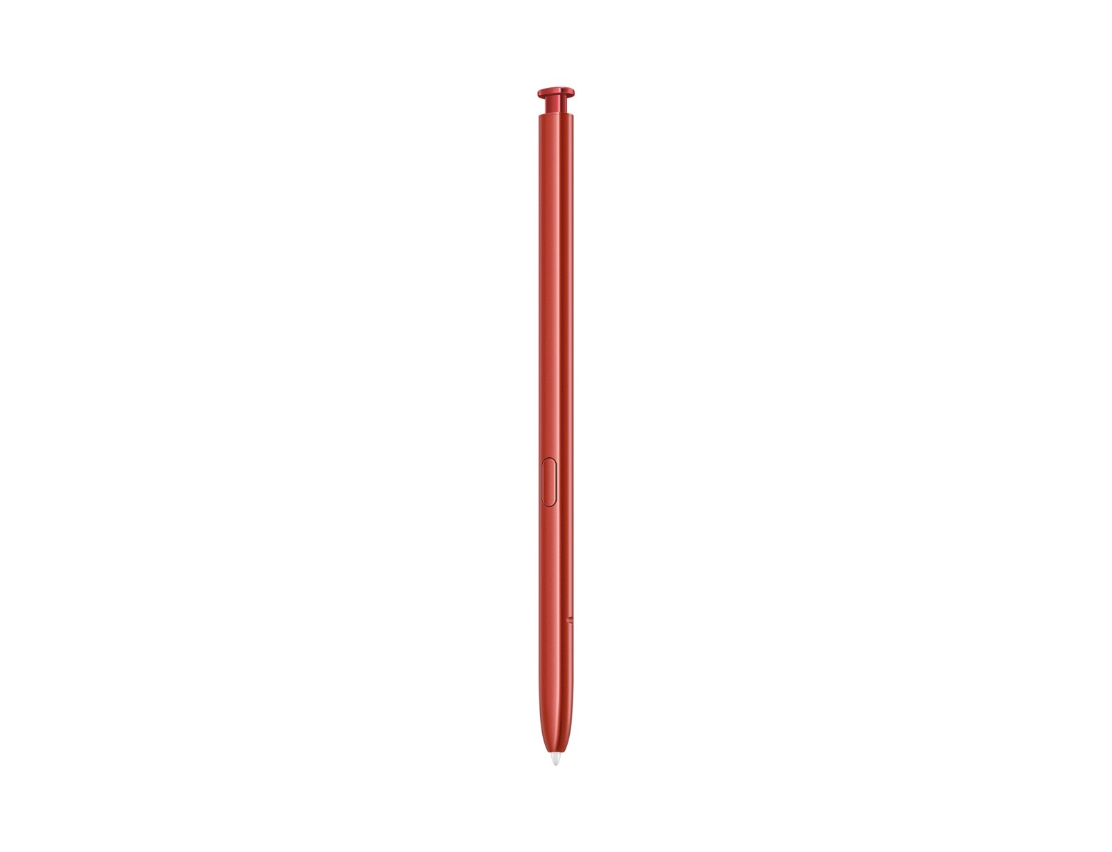 Roter Samsung S Pen Stylus. Er ist lang und dünn, mit einer Taste an der Seite. Einfacher Hintergrund.