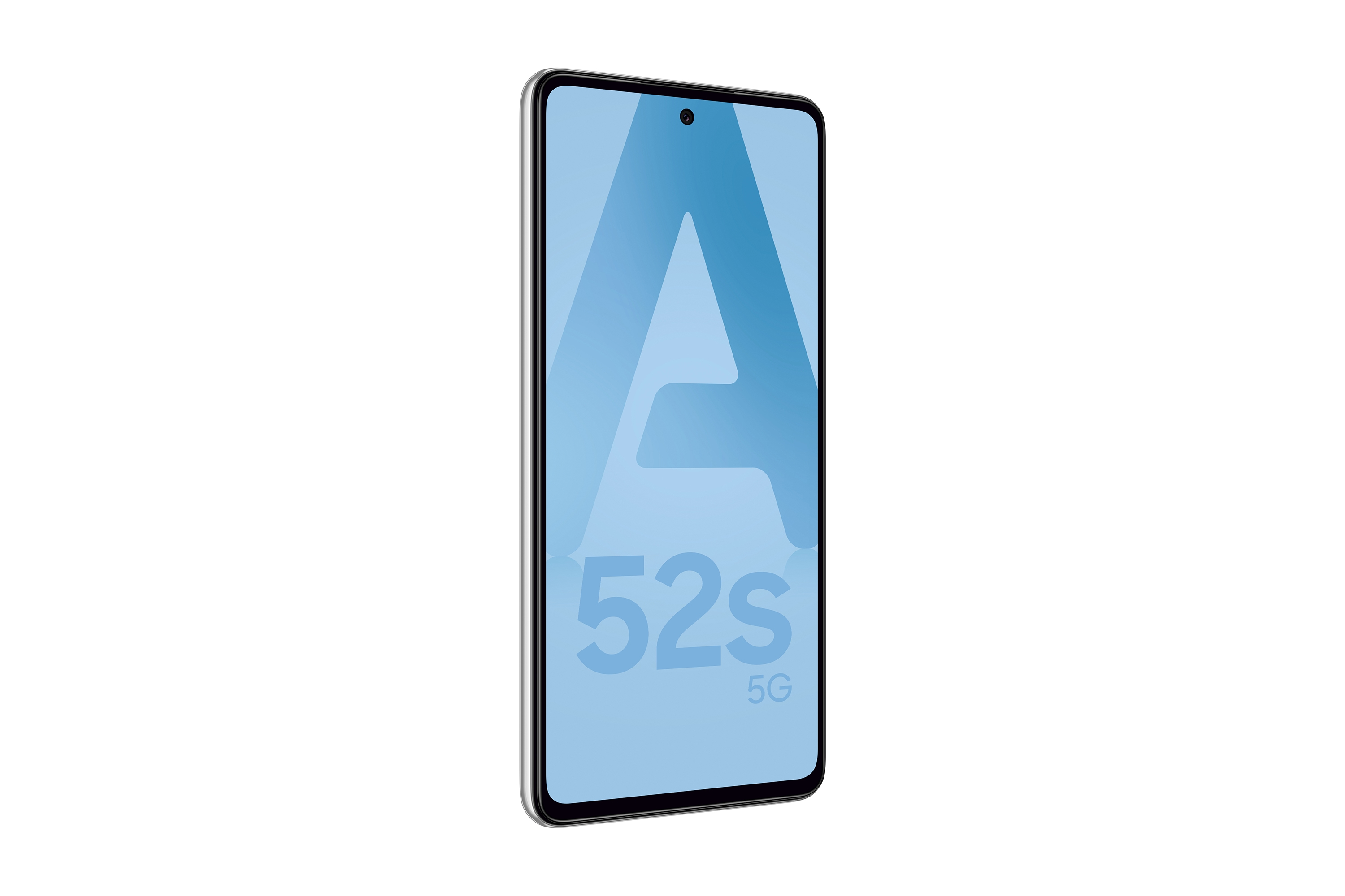Zilver en zwarte Samsung A52s 5G smartphone, toont blauwe 'A' en '52s' grafiek, witte achtergrond.