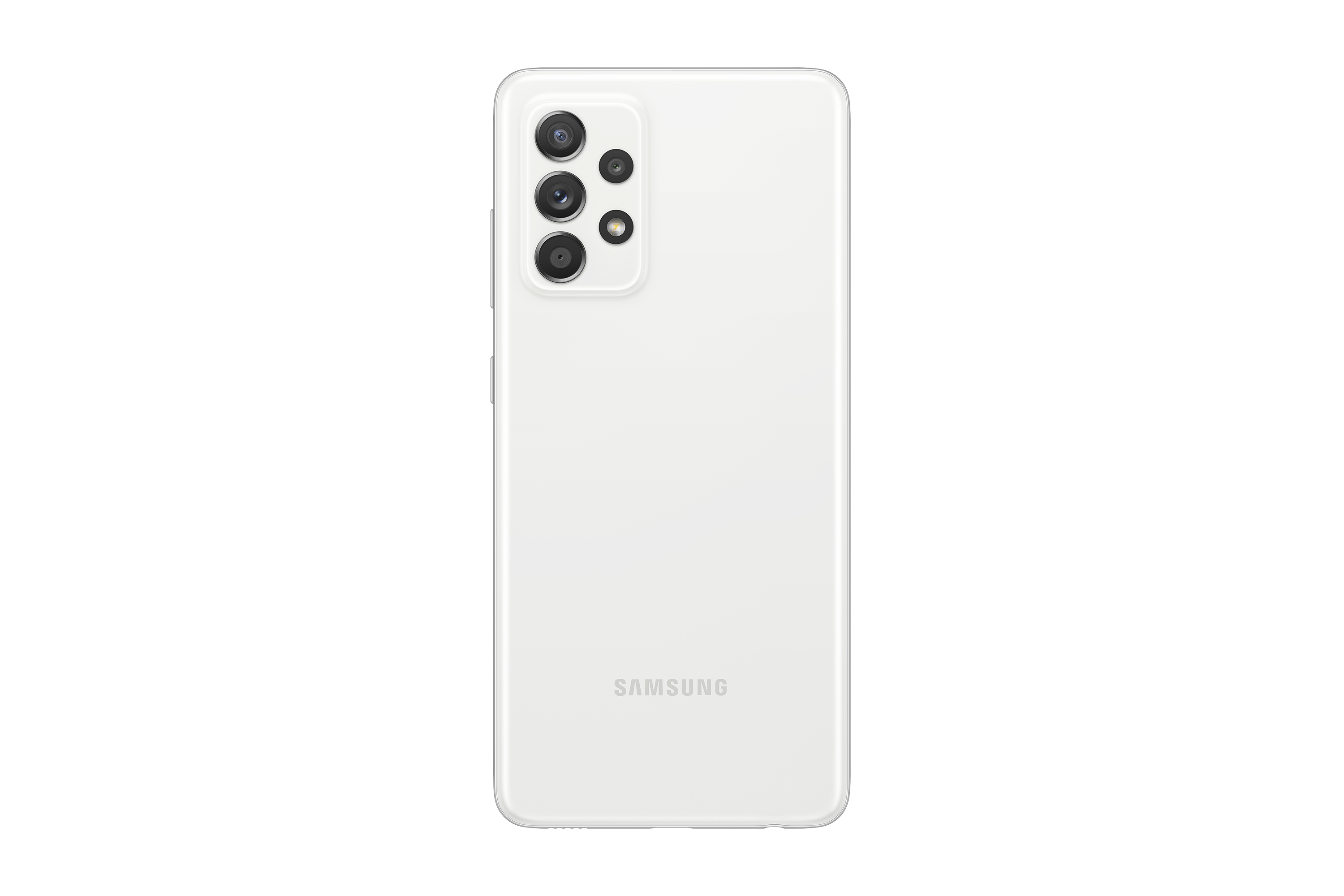 Ein weißes Samsung-Telefon mit Dreifachkamera und dem Samsung-Logo.
