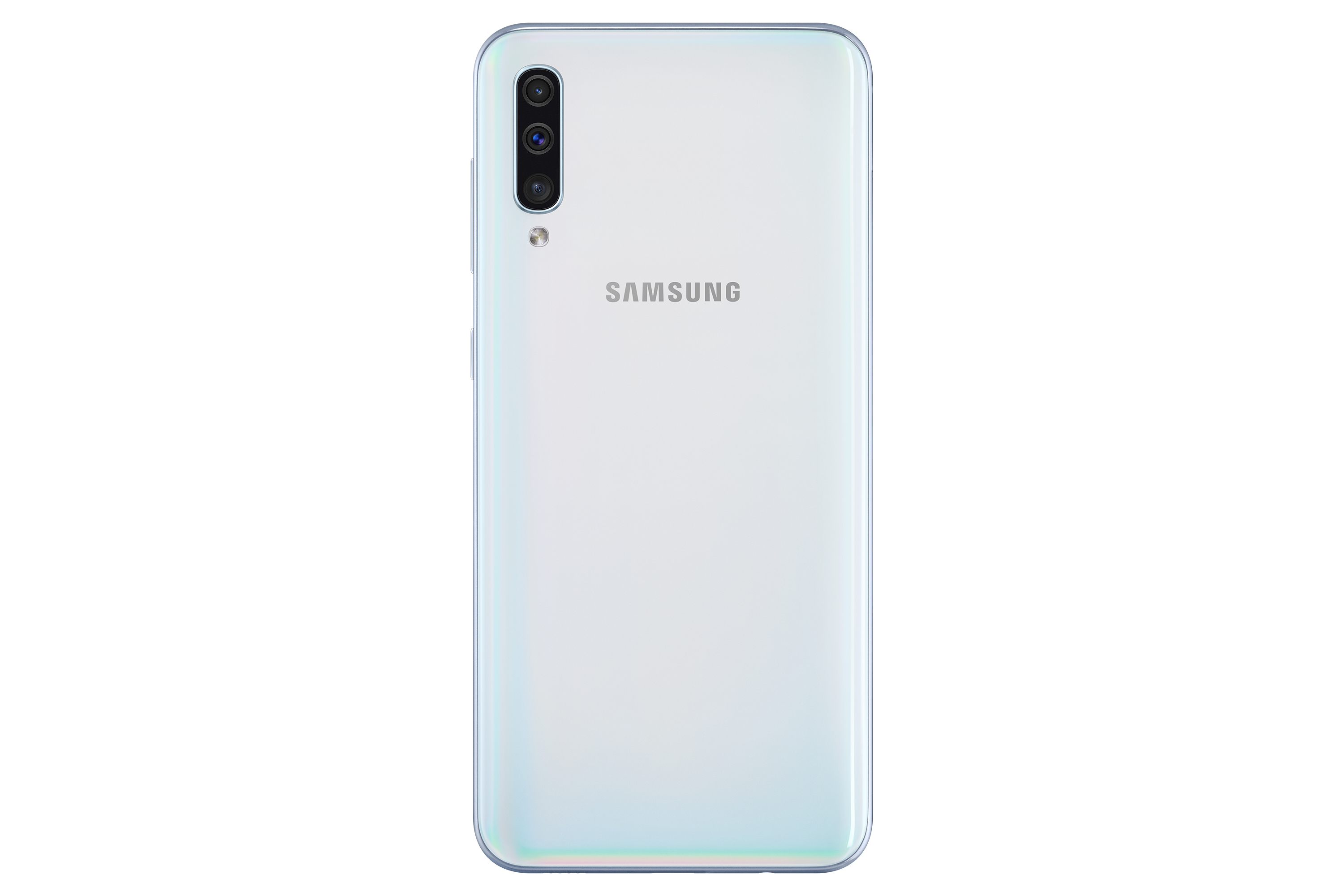 Weiße Telefonrückseite, Samsung-Logo, Kamera. Weißer Hintergrund.