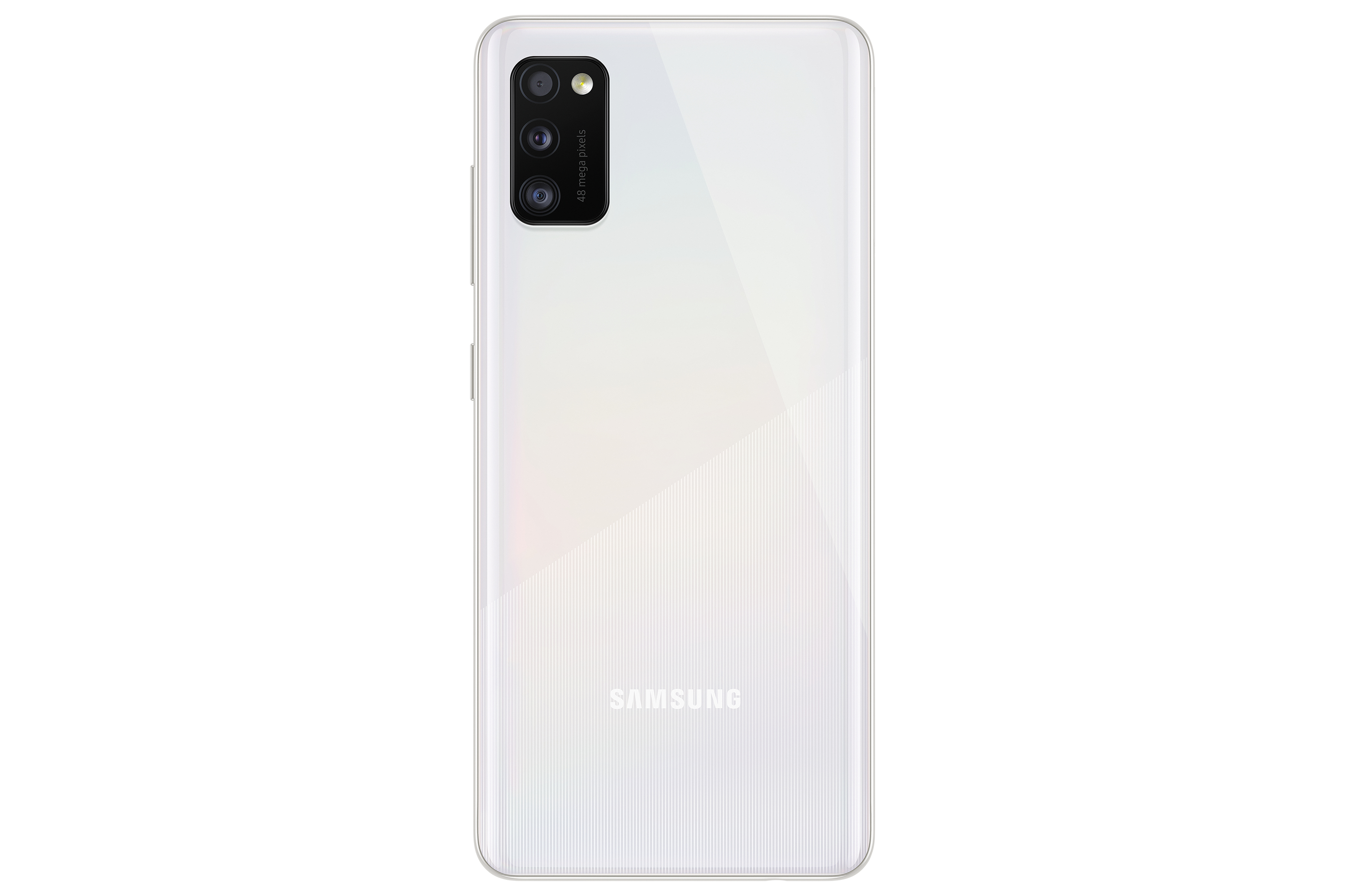 Ein weißes Telefon mit Kamera und Blitz auf der Rückseite, mit dem Wort SAMSUNG.
