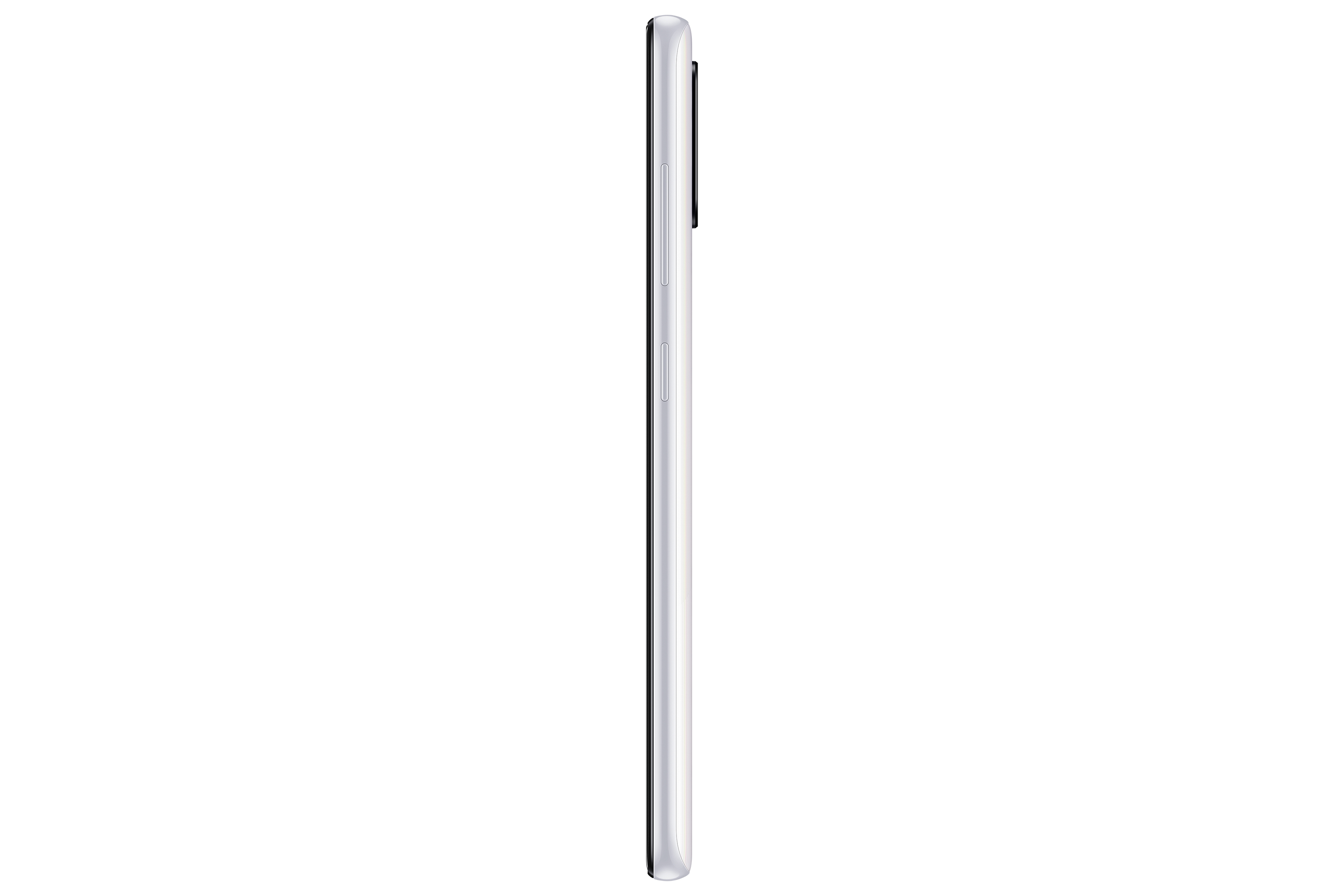 Weißes Smartphone von der Seite mit weißem Hintergrund.