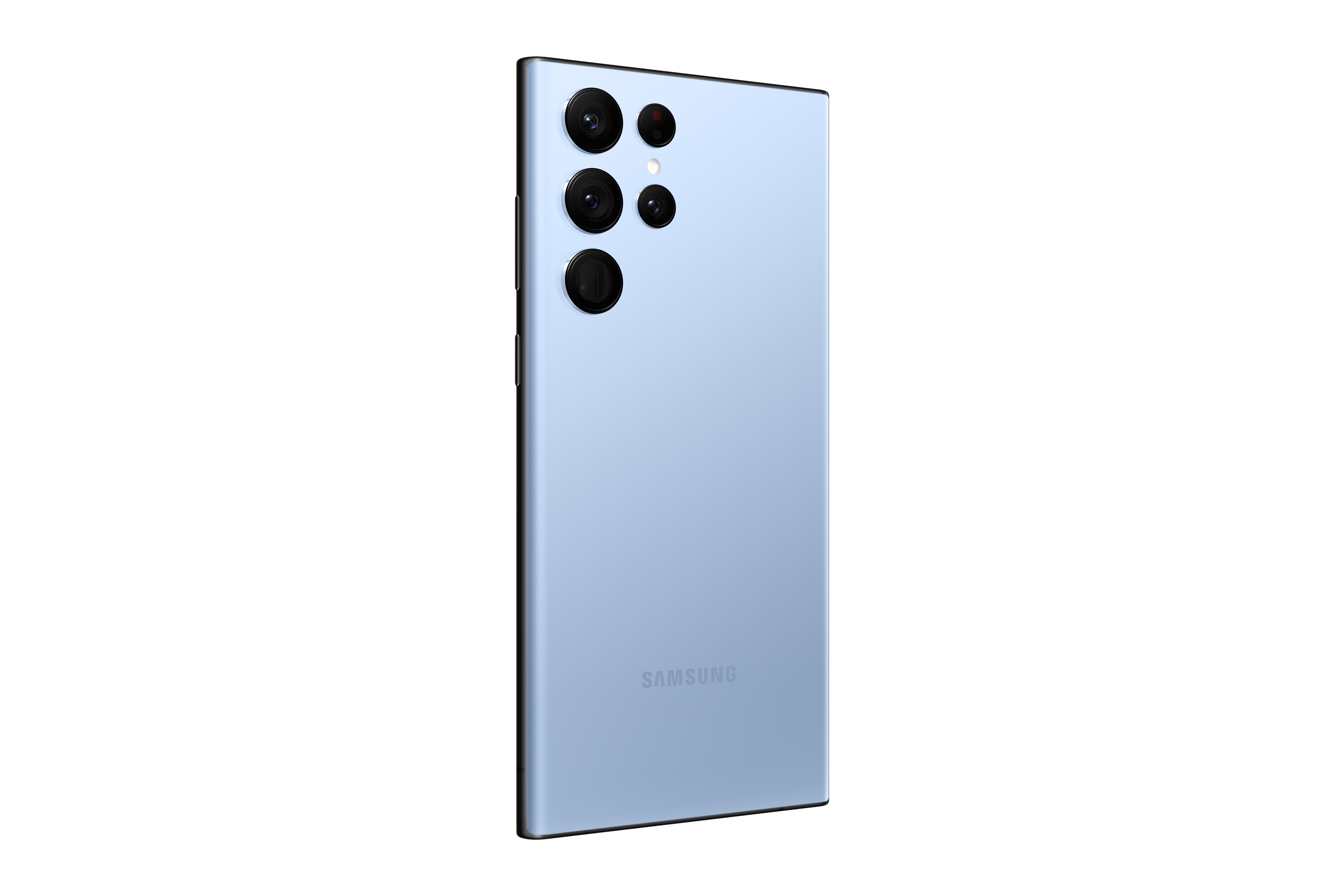 Ein hellblaues Samsung-Telefon. Es hat mehrere Kameras auf der Rückseite. Das Telefon steht vor weißem Hintergrund.