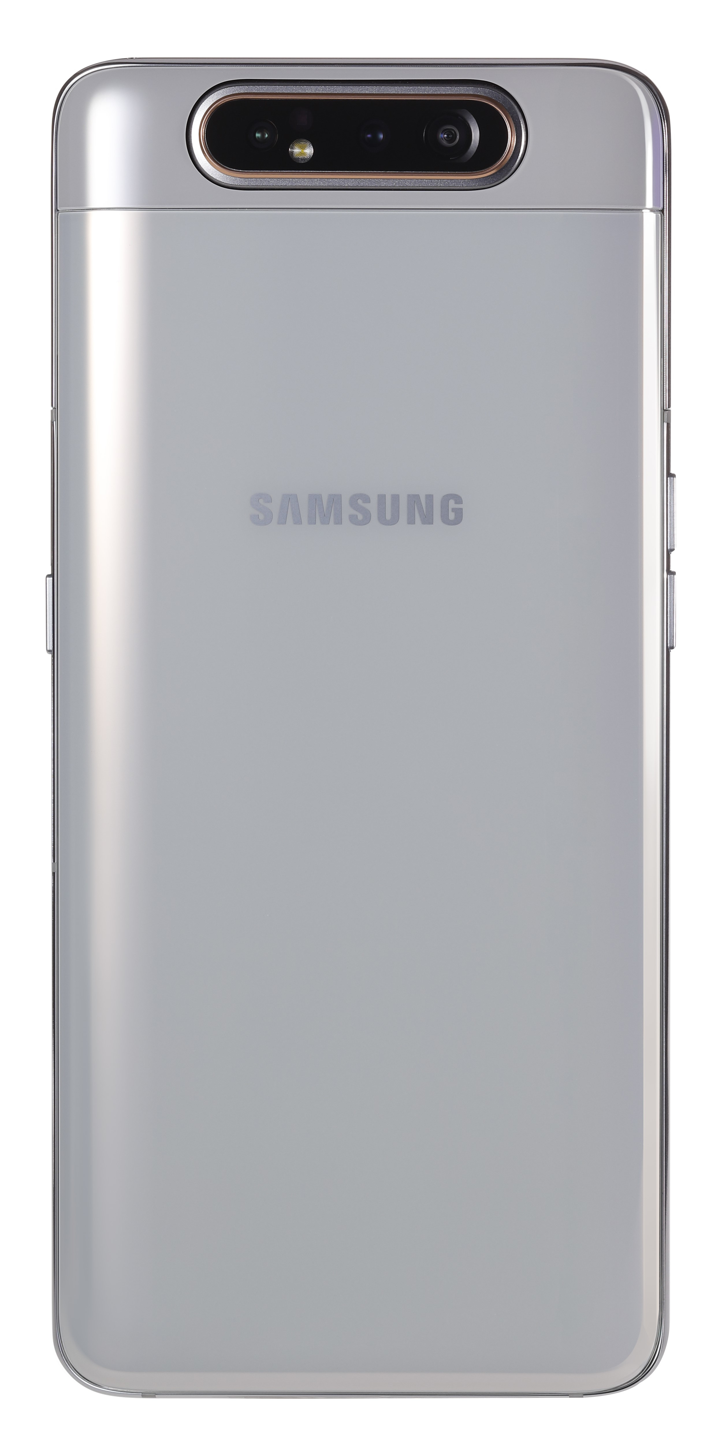 Rückseite eines silbernen Samsung-Telefons mit Samsung-Logo und Kameraanordnung.