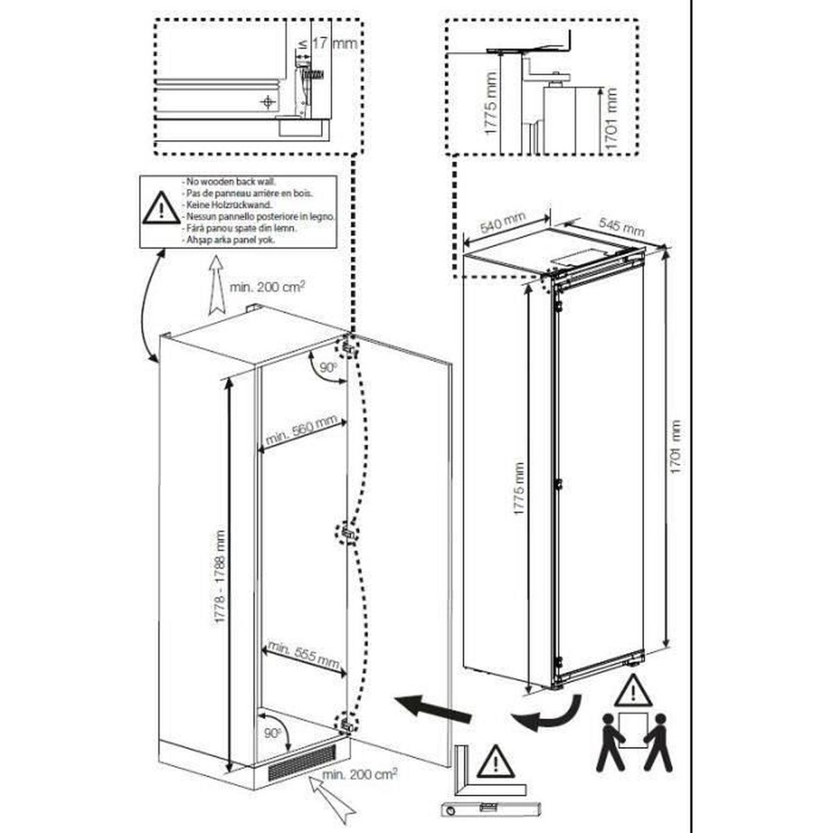 Disegno tecnico di un frigorifero con dimensioni e spazio richiesto, con frecce ed etichette.