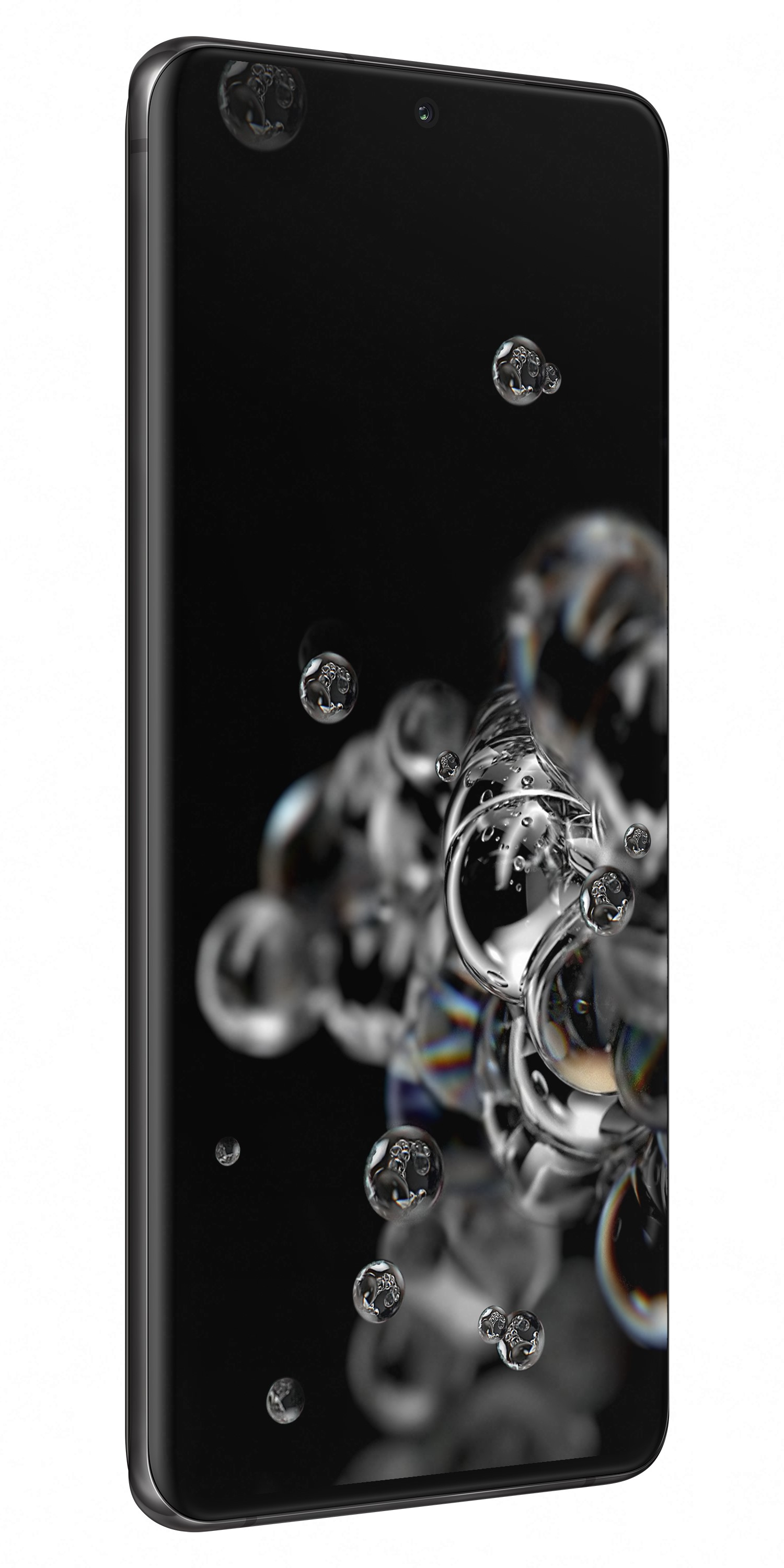 Schwarzes Smartphone auf weißem Grund, mit Wassertropfen im Blick. Der Bildschirm ist an.
