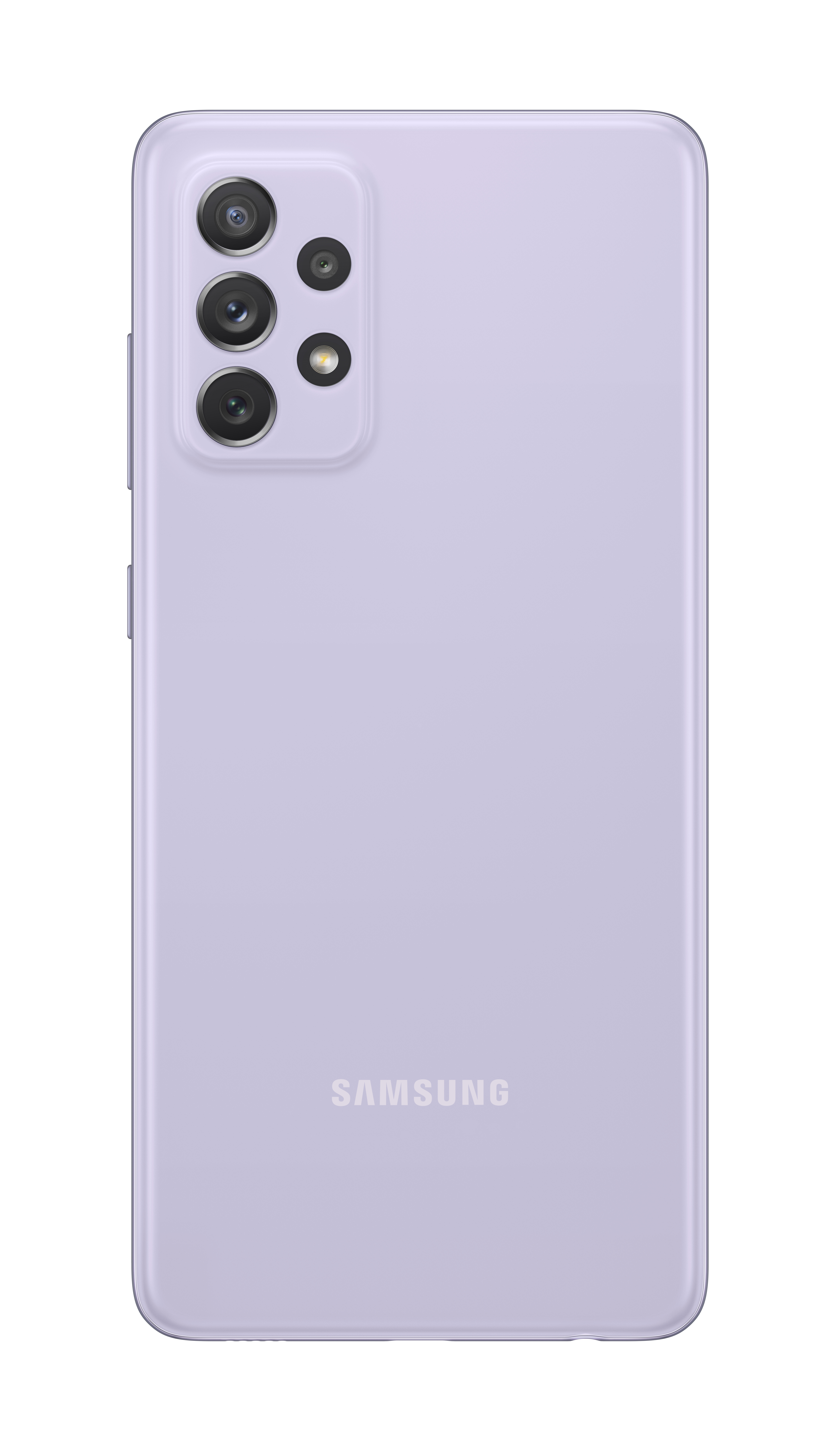 Rückansicht eines hellvioletten Samsung-Telefons mit mehreren Kameras. Das Samsung-Logo ist sichtbar.