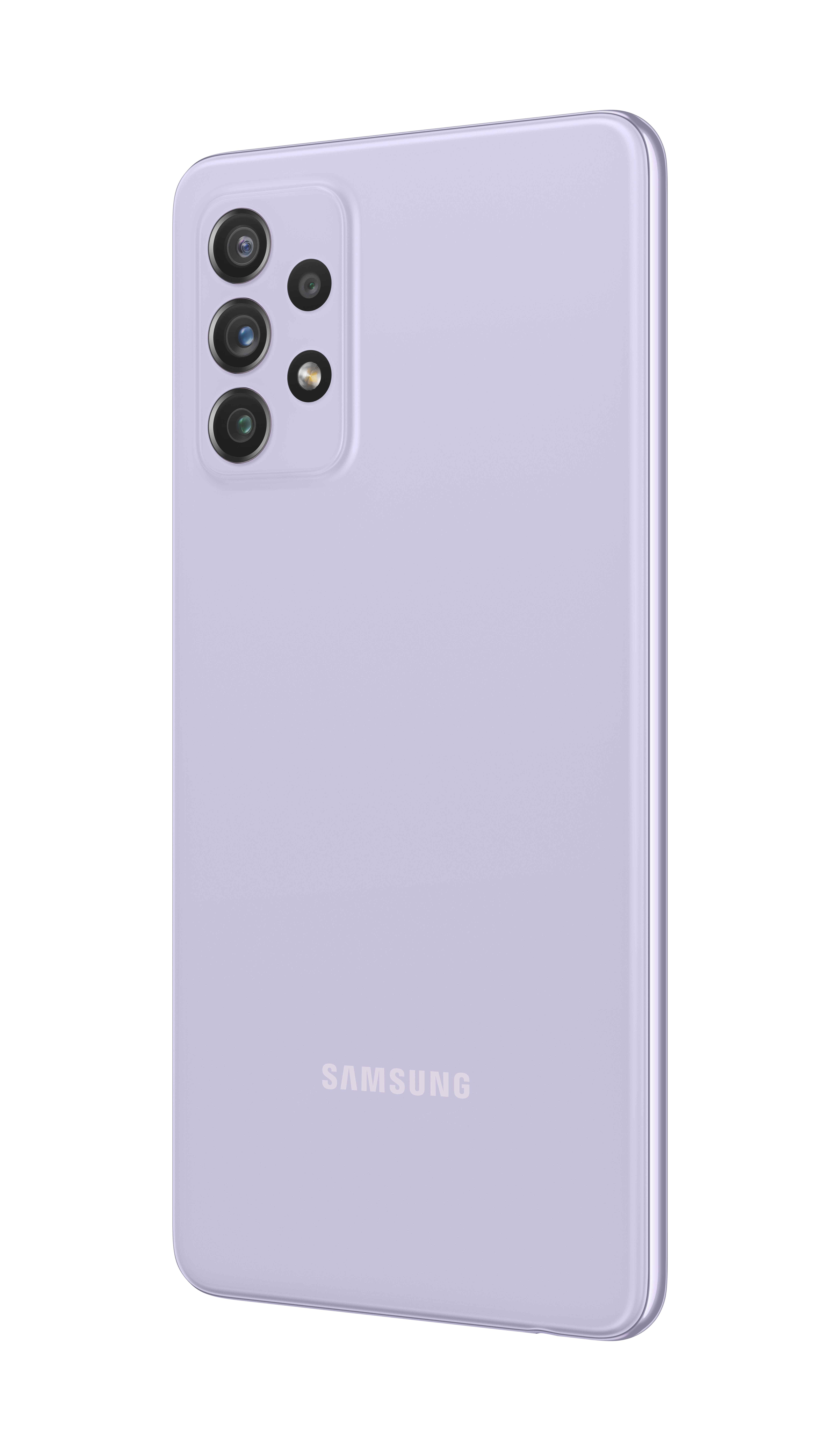 Rückseite eines lila Smartphones, mit SAMSUNG-Logo und mehreren Kameralinsen oben links.