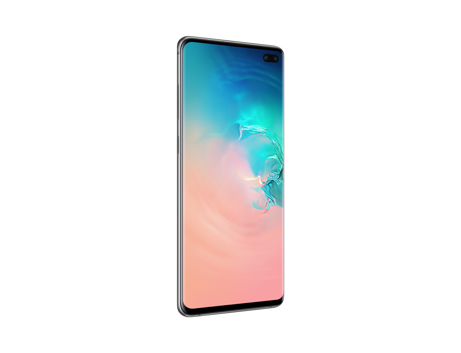 Ein Smartphone ist abgewinkelt und zeigt den Bildschirm mit blau und rosa Farbtönen vor weißem Hintergrund.