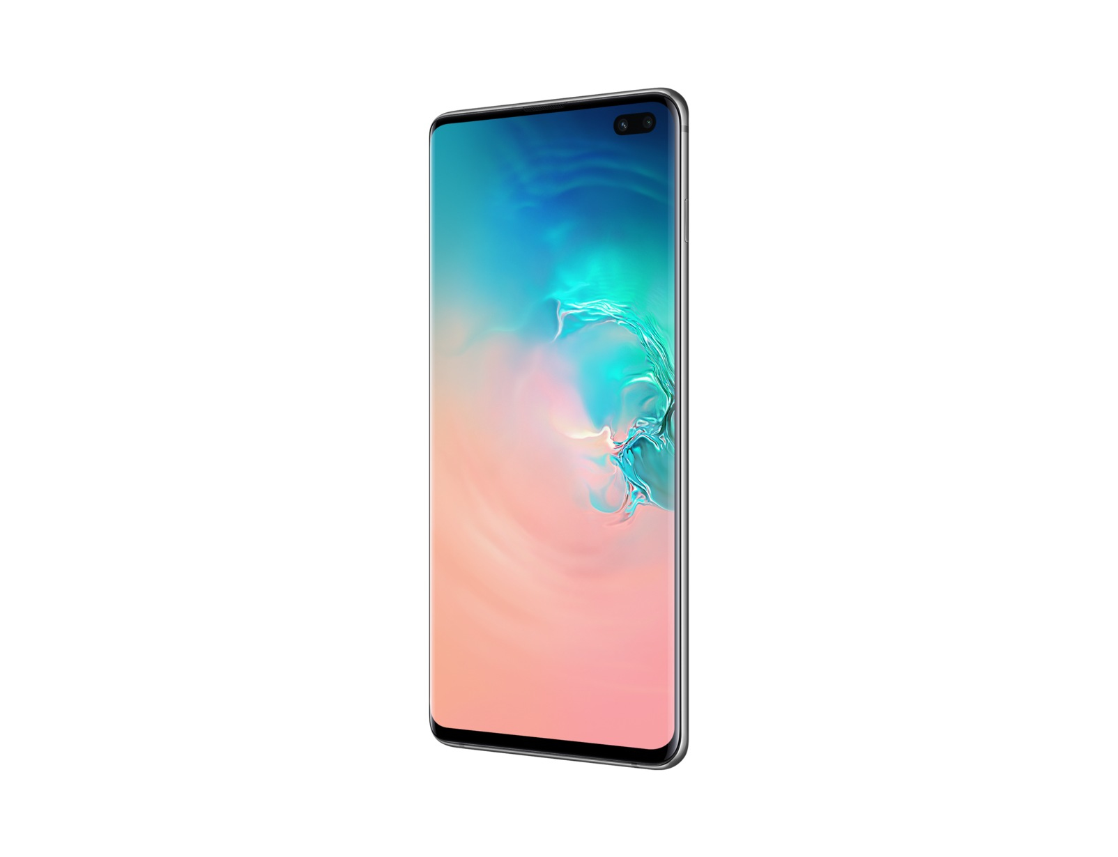 Smartphone mit blau-rosa Farbverlauf-Bildschirm, Seitenansicht, weißer Hintergrund.