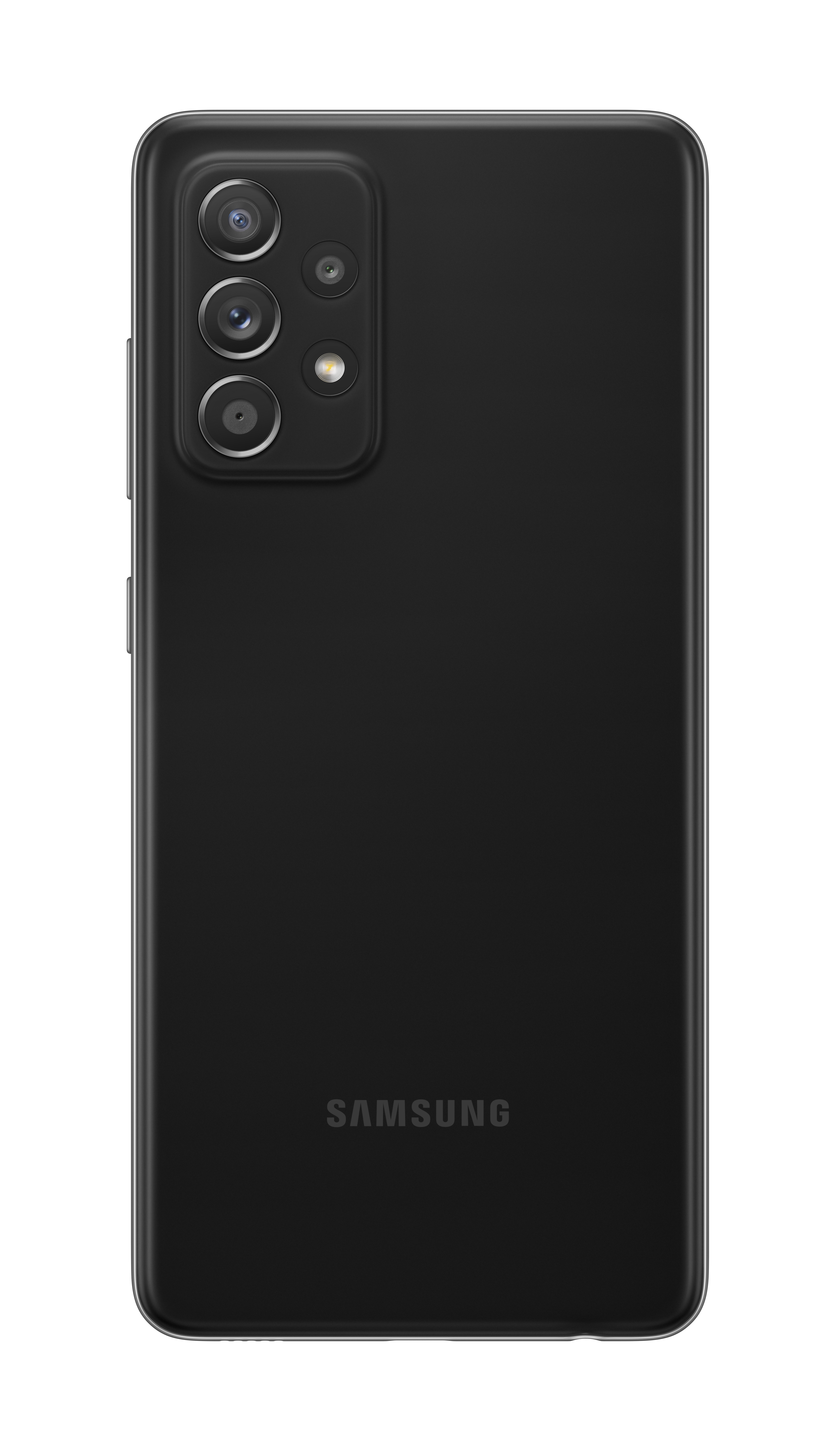 Rückseite eines schwarzen Samsung-Telefons. Drei Kameralinsen, Blitz und Samsung-Logo. Weißer Hintergrund.