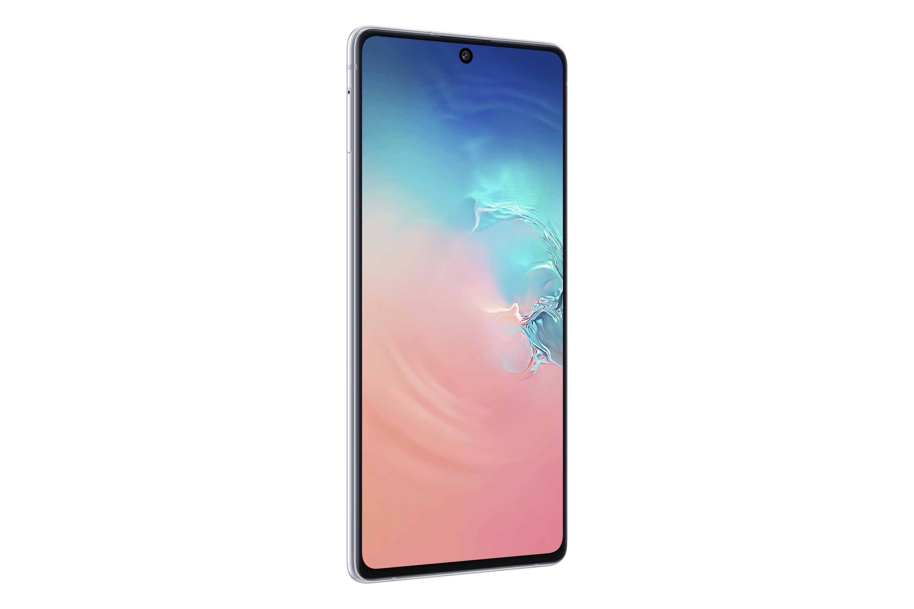 Smartphone mit silbernem Rahmen und Gradienten-Display in Pink-, Blau- und Weißtönen.