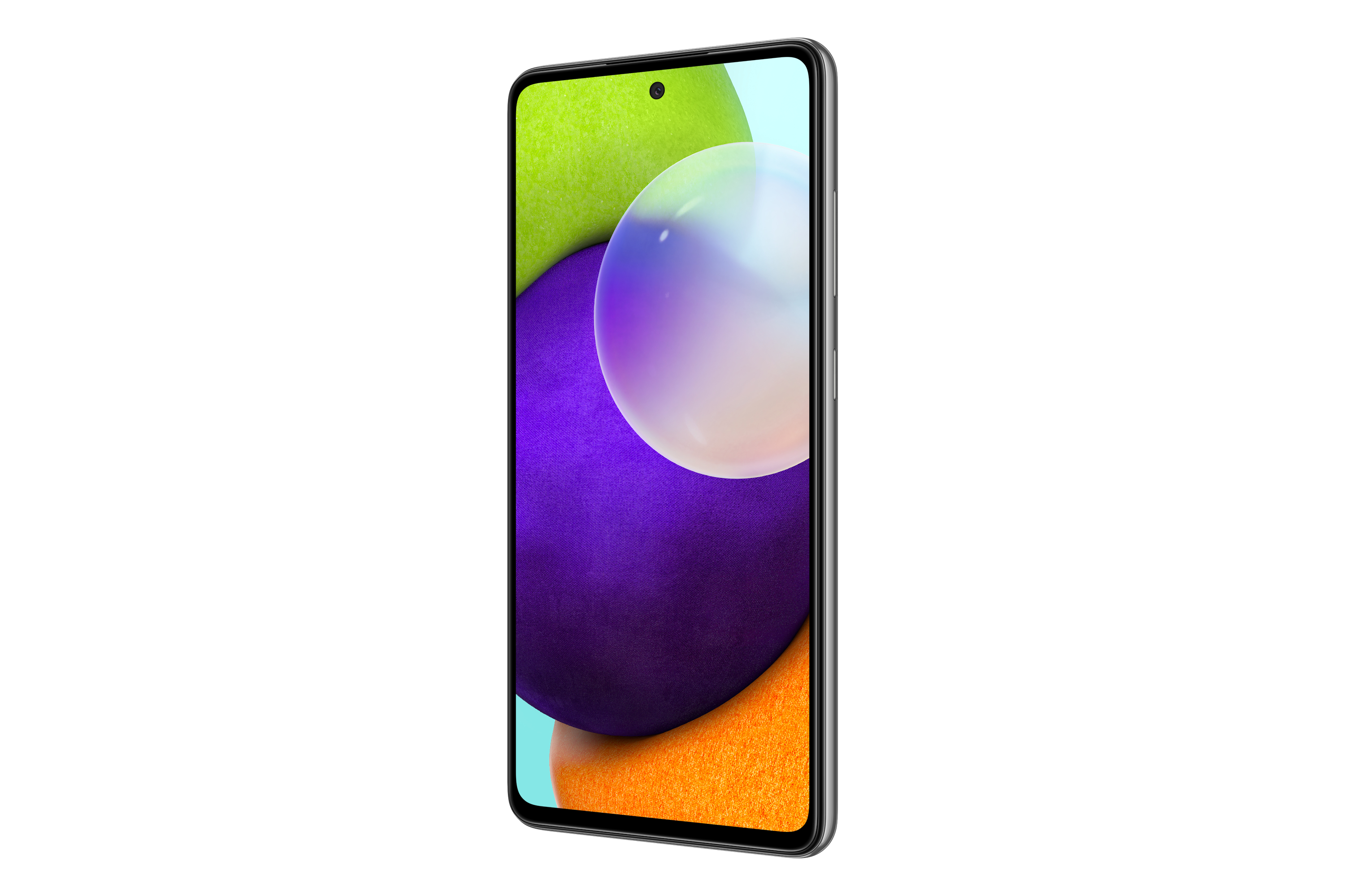 Smartphone con schermo che mostra uno sfondo viola e verde con un cerchio bianco.