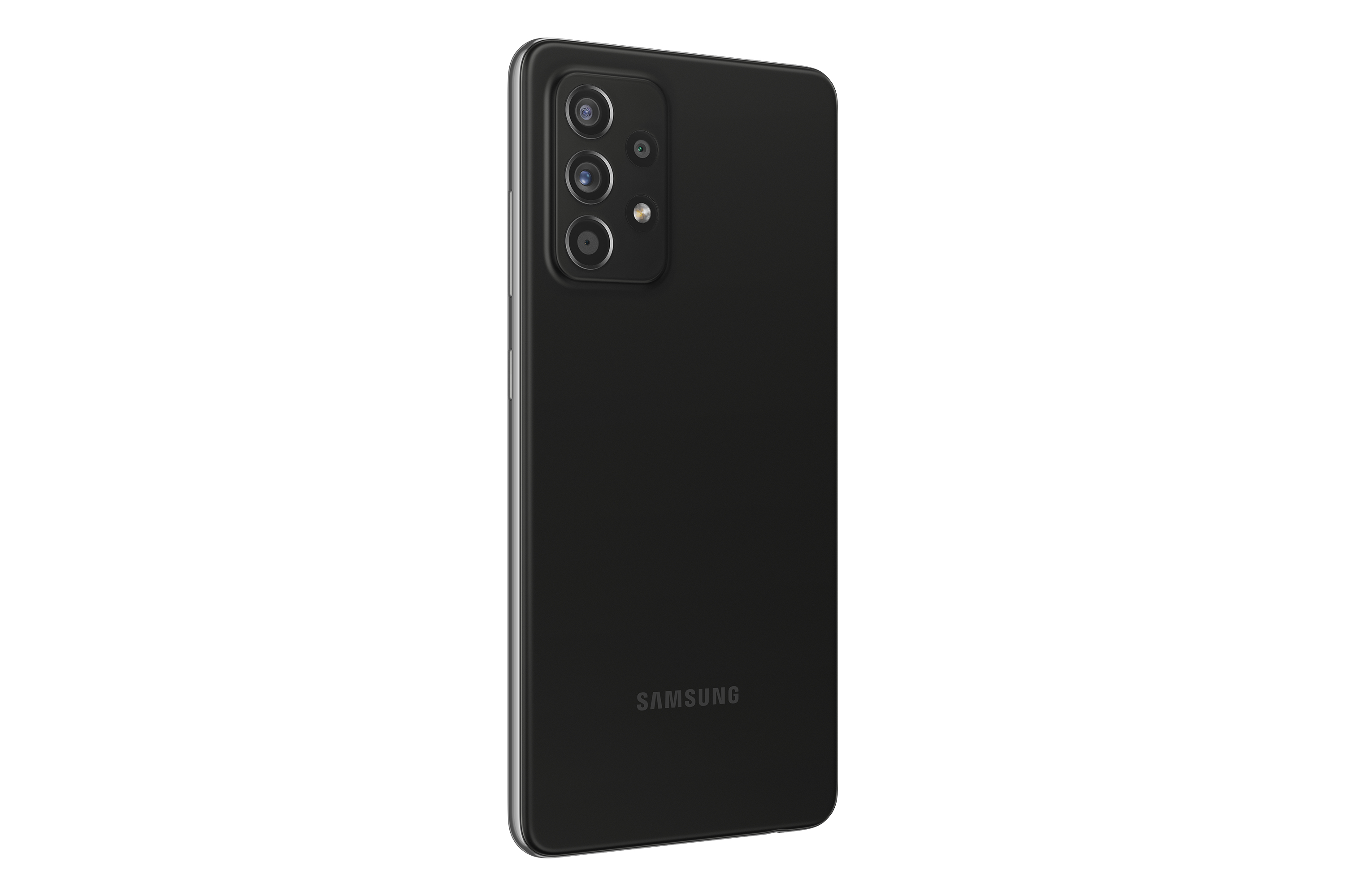 Smartphone nero dal retro, tre fotocamere, con il logo Samsung.
