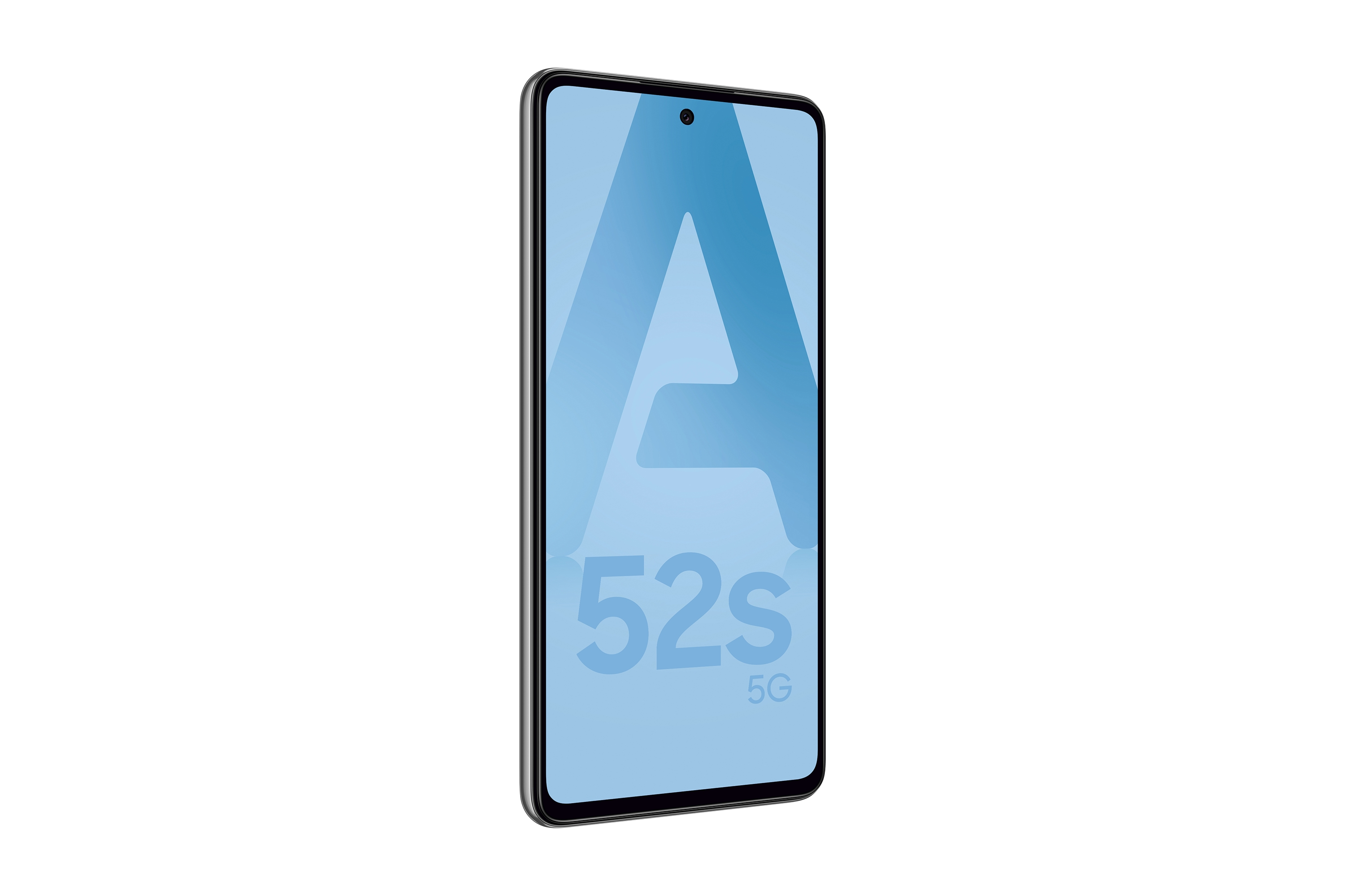 Telefon Samsung A52s 5G na niebieskim tle. Tekst: A 52s 5G. Czarna ramka. Widok pod kątem.