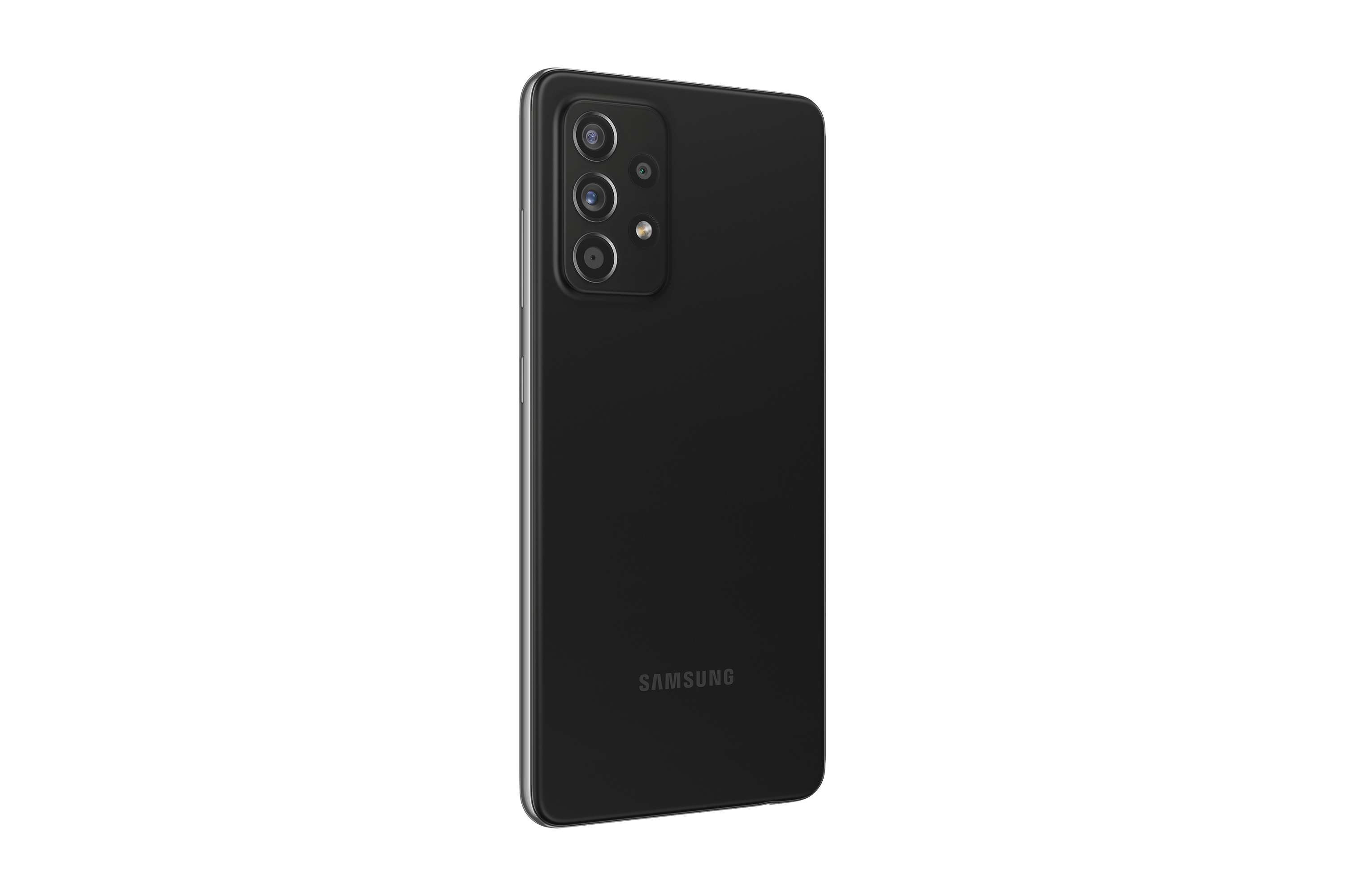 Czarny smartfon Samsung z potrójnym aparatem. Logo Samsung jest widoczne z tyłu telefonu.