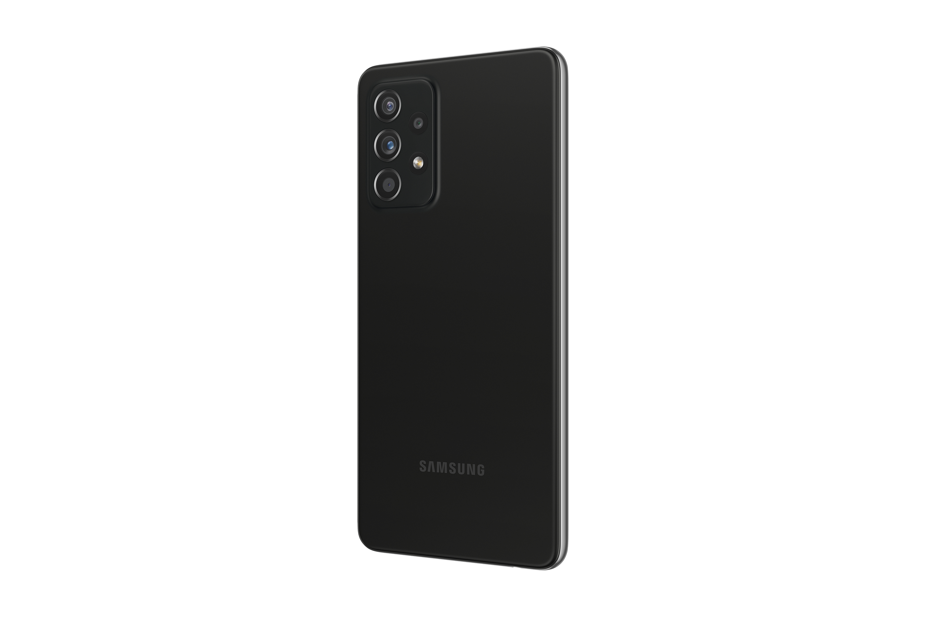 Czarny smartfon, widok z tyłu, z trzema aparatami i logo Samsung.