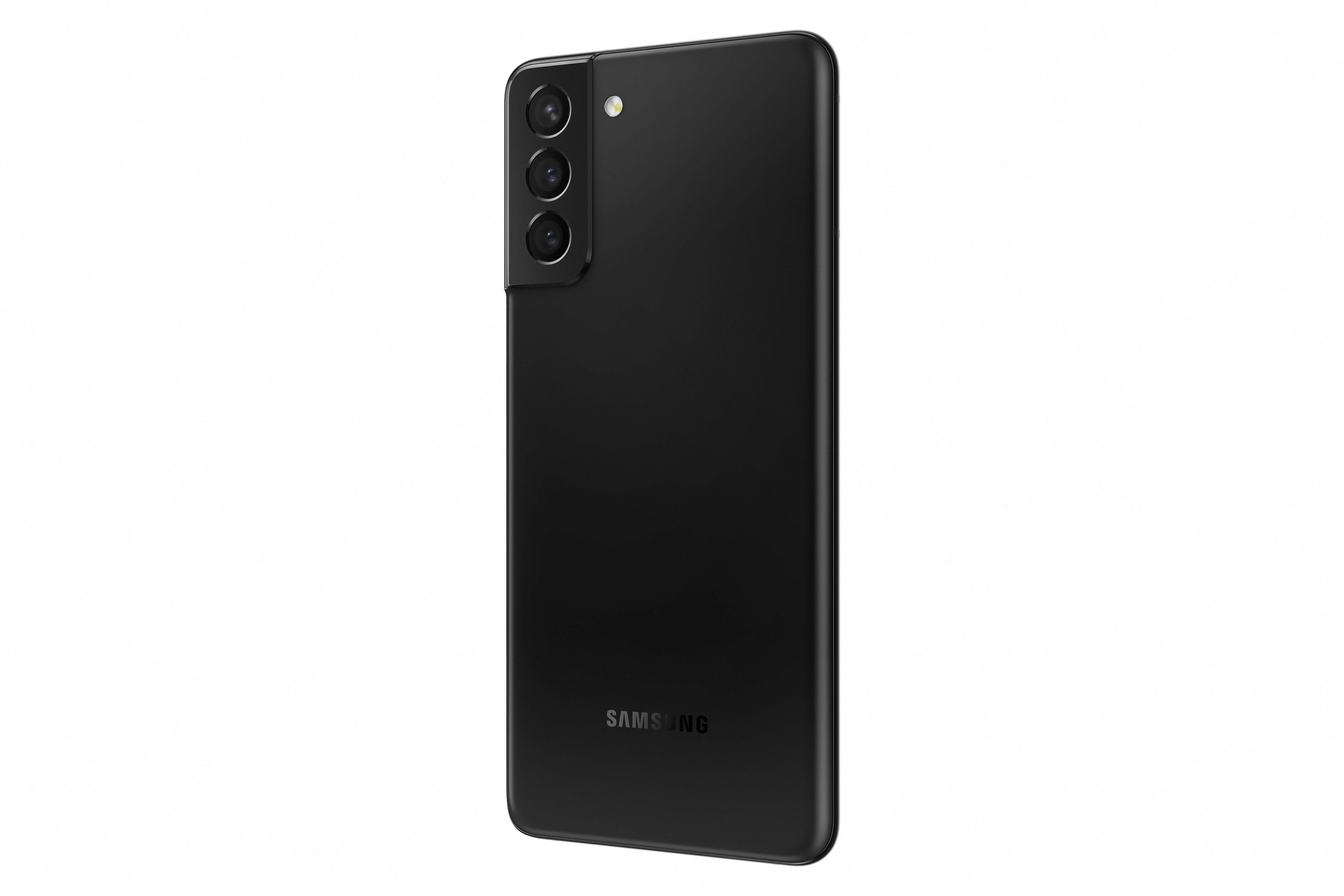 Ein schwarzes Samsung S21-Smartphone mit drei Kameras auf der Rückseite wird auf weißem Hintergrund gezeigt.