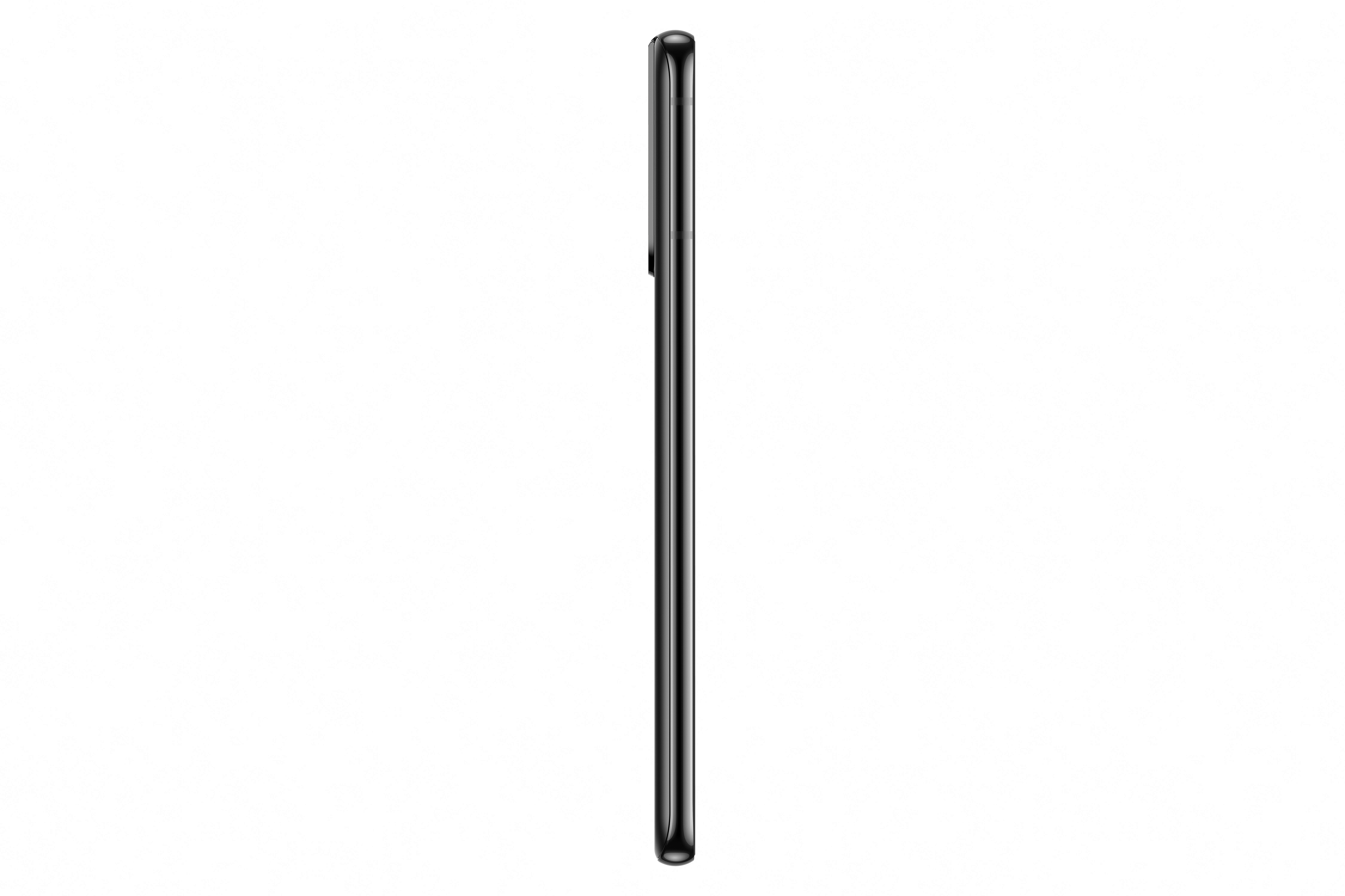 Seitenansicht eines schwarzen Smartphones, das ein schlankes, flaches Design vor weißem Hintergrund zeigt.