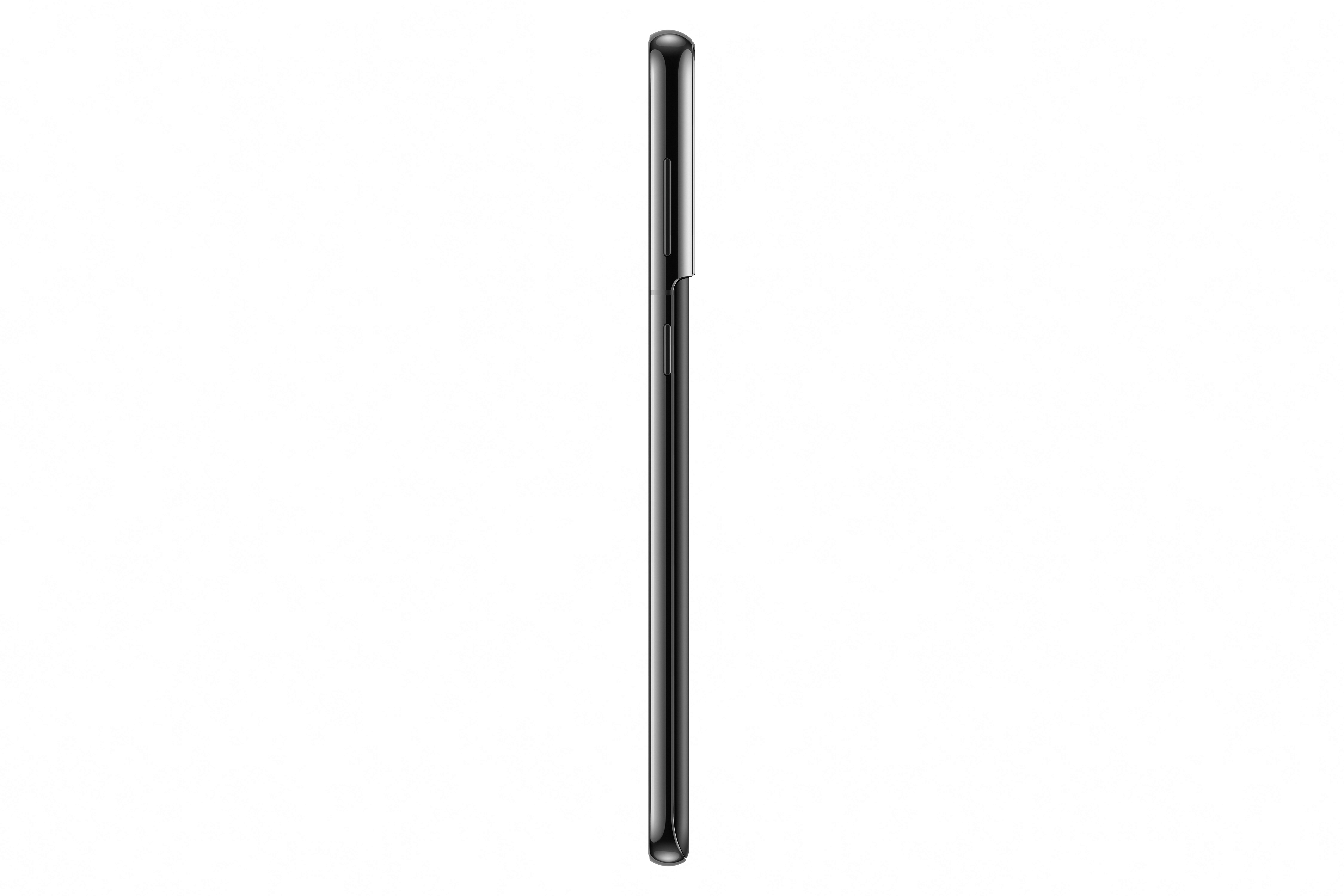 Seitenprofil eines schwarzen Samsung-Telefons, zeigt Kante mit Knöpfen, auf Weiß.