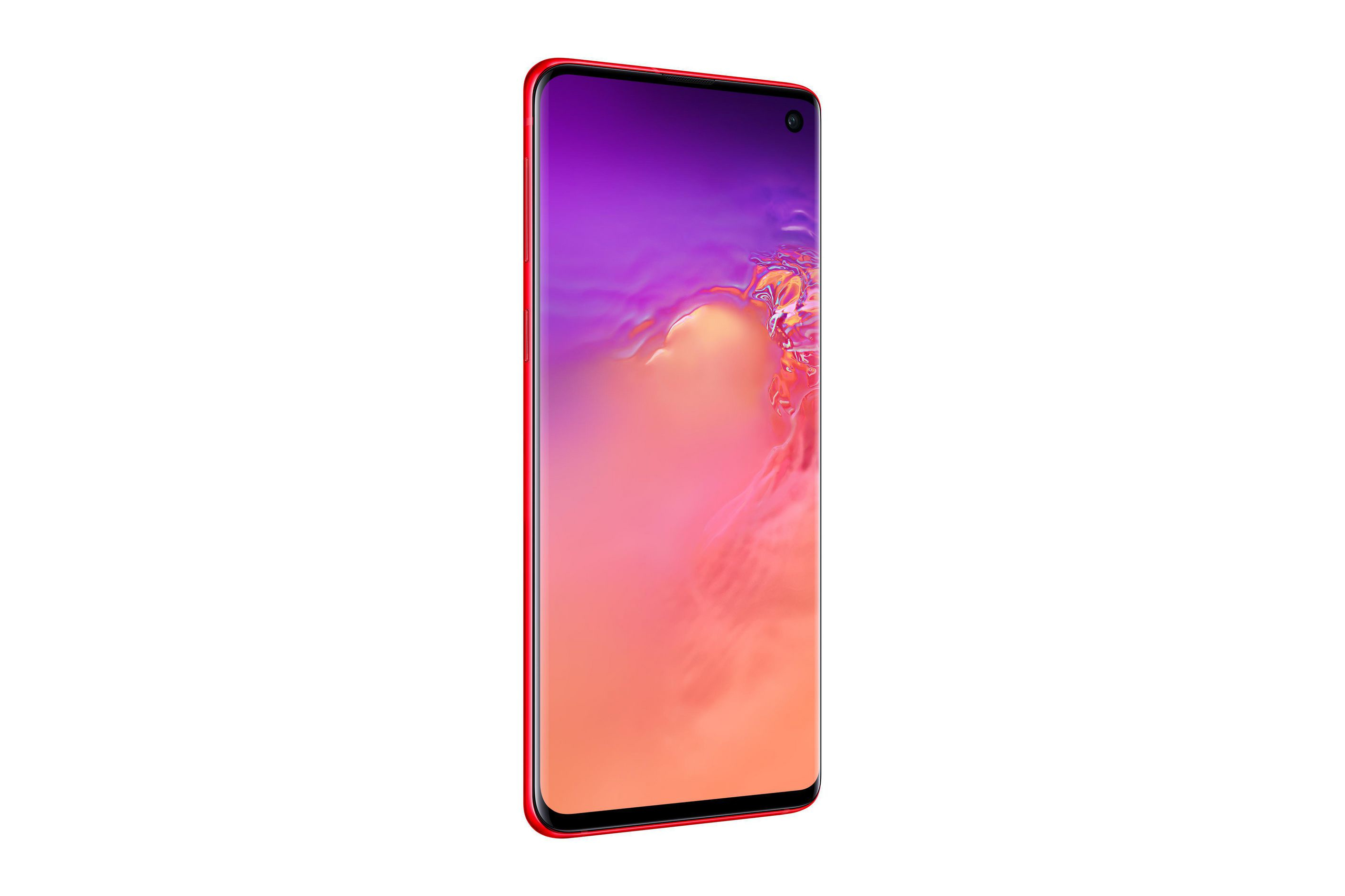 Un telefono Samsung rosso con schermo curvo, vista laterale.
