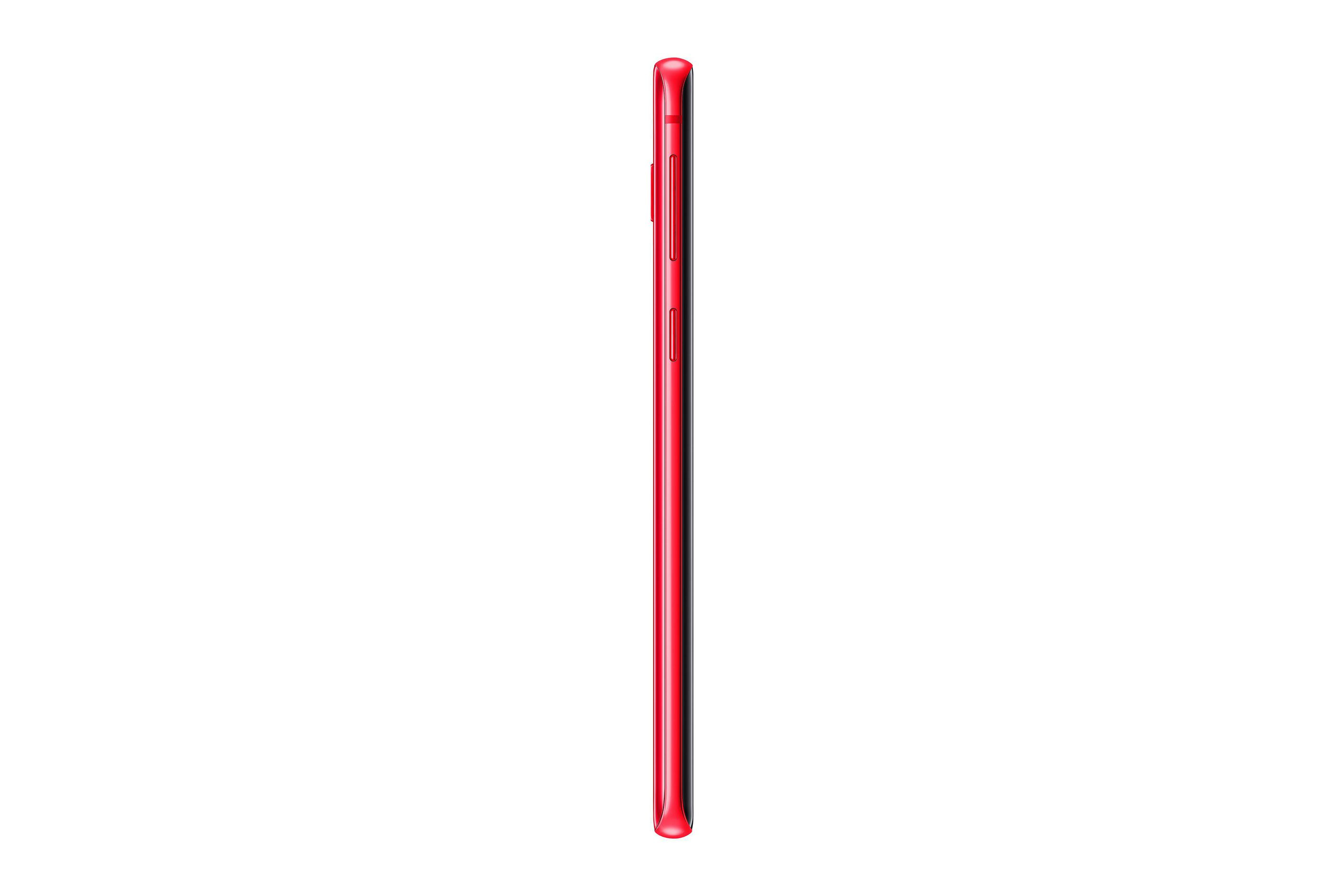 Uno smartphone rosso, vista laterale, che mostra un profilo sottile su uno sfondo bianco.