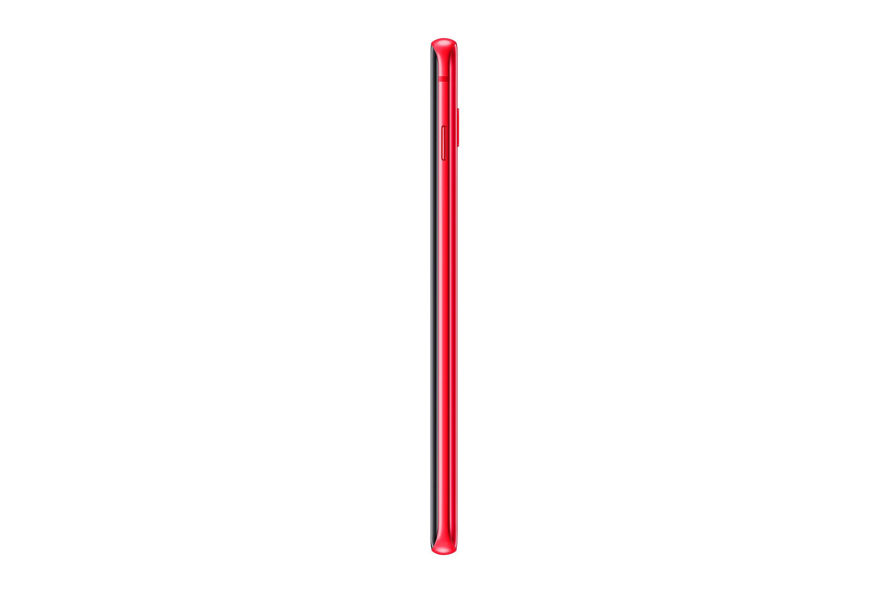 Smartphone rosso, vista laterale, isolato su sfondo bianco. Composizione minimalista.