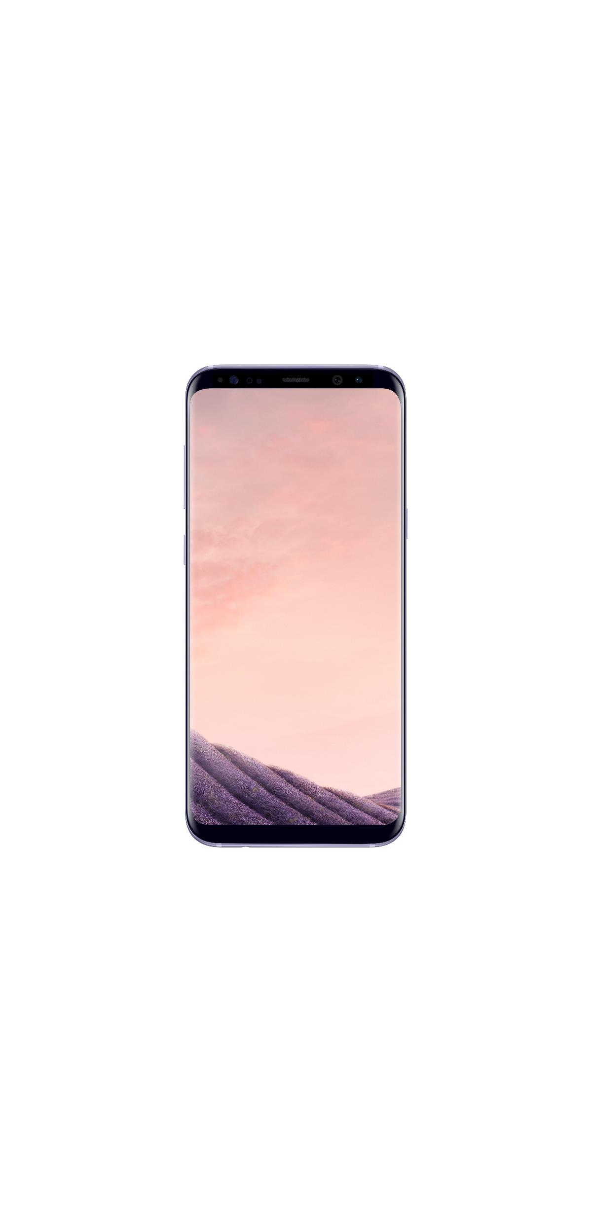 Ein Smartphone mit einem rosa-lila Himmel-Hintergrundbild auf weißem Hintergrund.