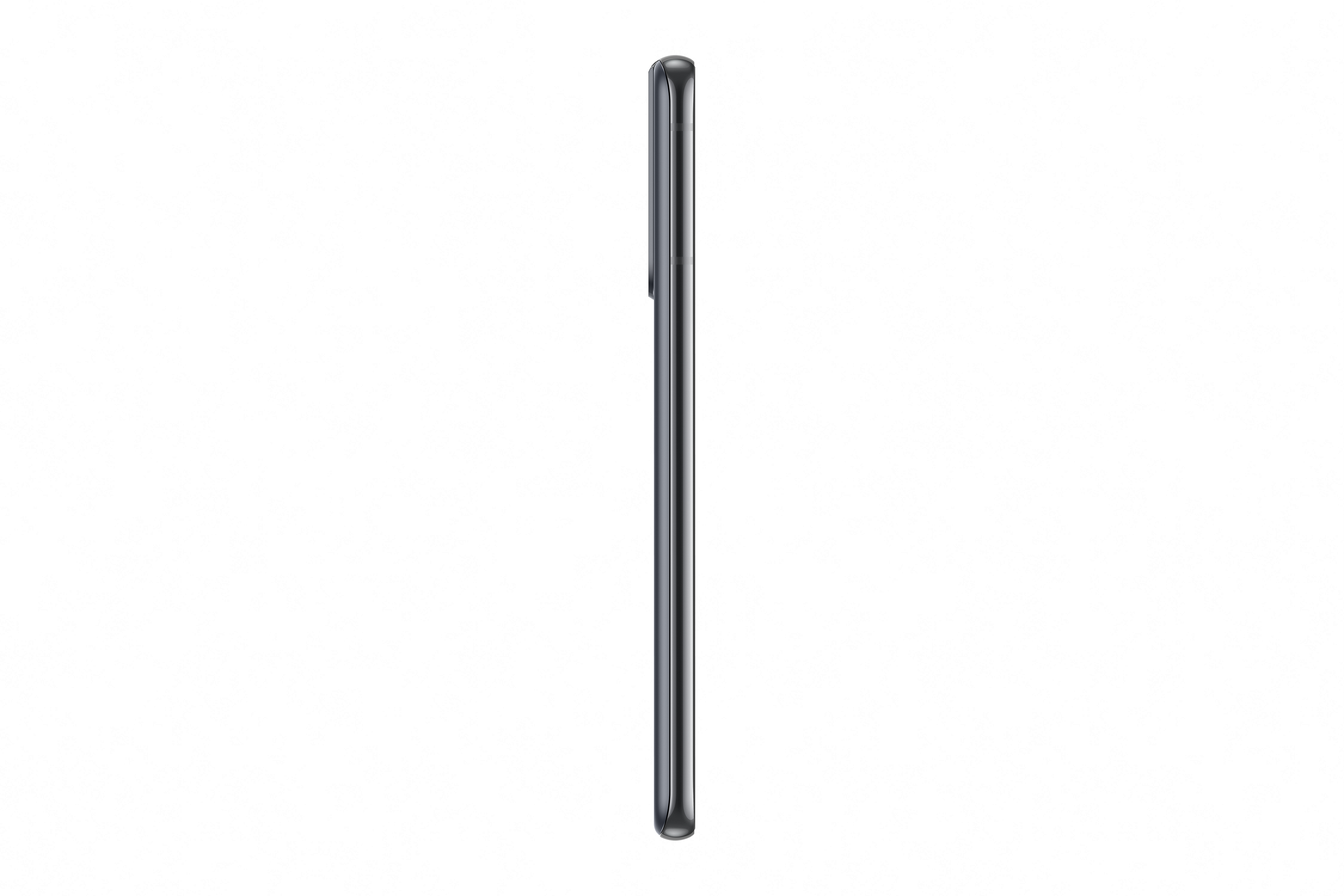 Side view of a slim dark grey smartphone, isolated on white background. Clean design, camera.