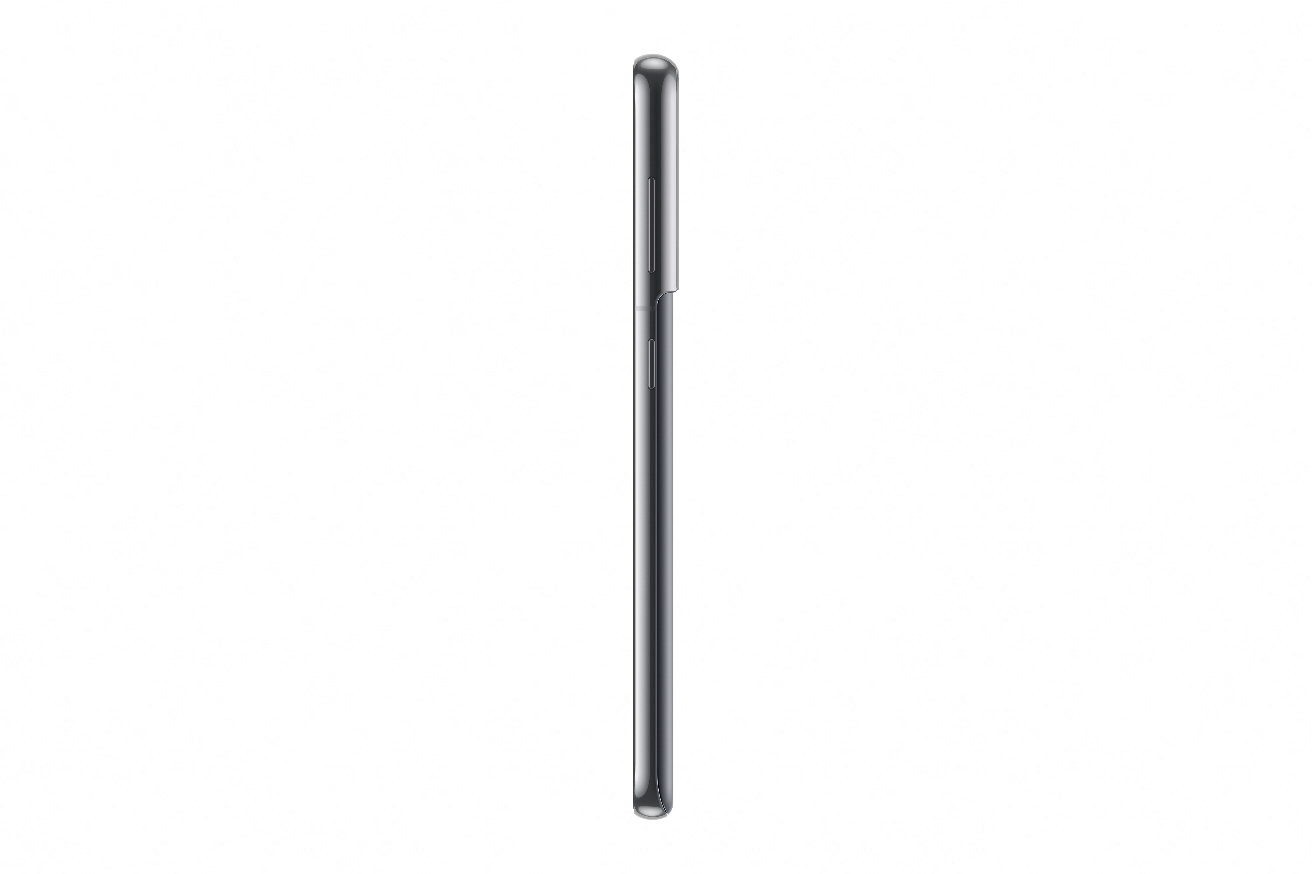 Side view of a black smartphone. The phone has buttons on the side. White background.