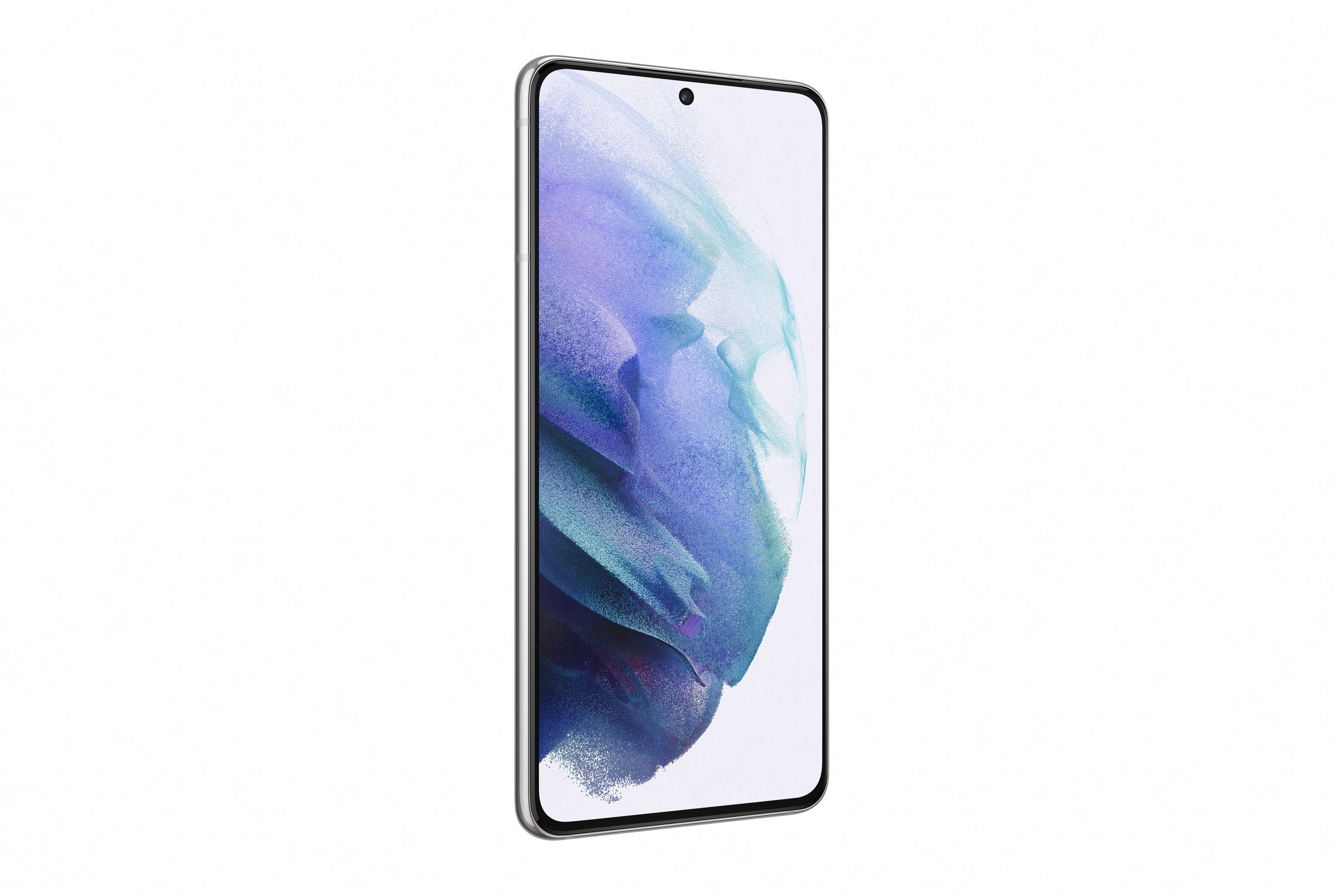 Ein Smartphone ist abgewinkelt und zeigt einen Bildschirm mit grünen und blauen Farbtönen vor weißem Hintergrund.