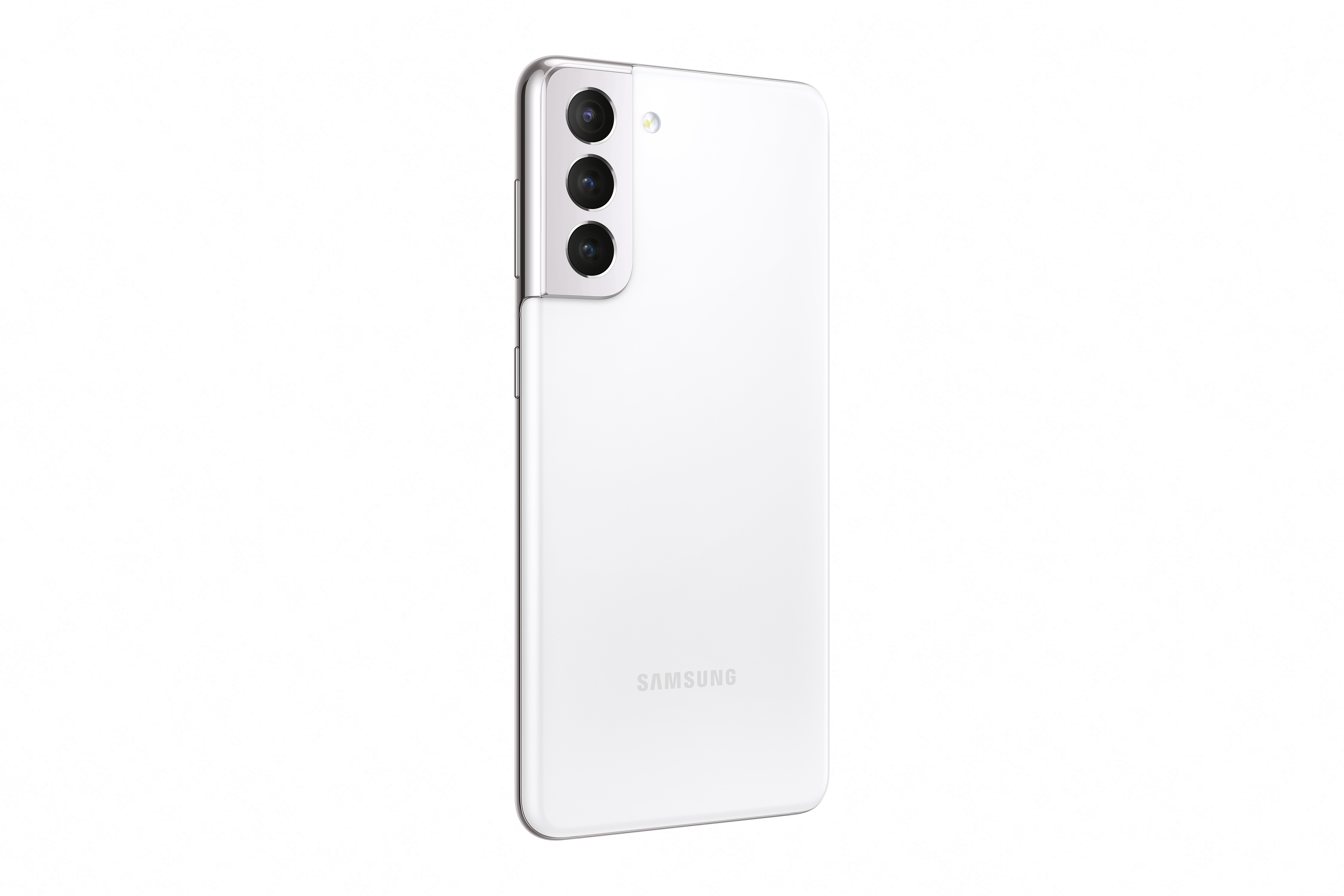 Biały tył telefonu z trzema aparatami, logo Samsung, na białym tle.