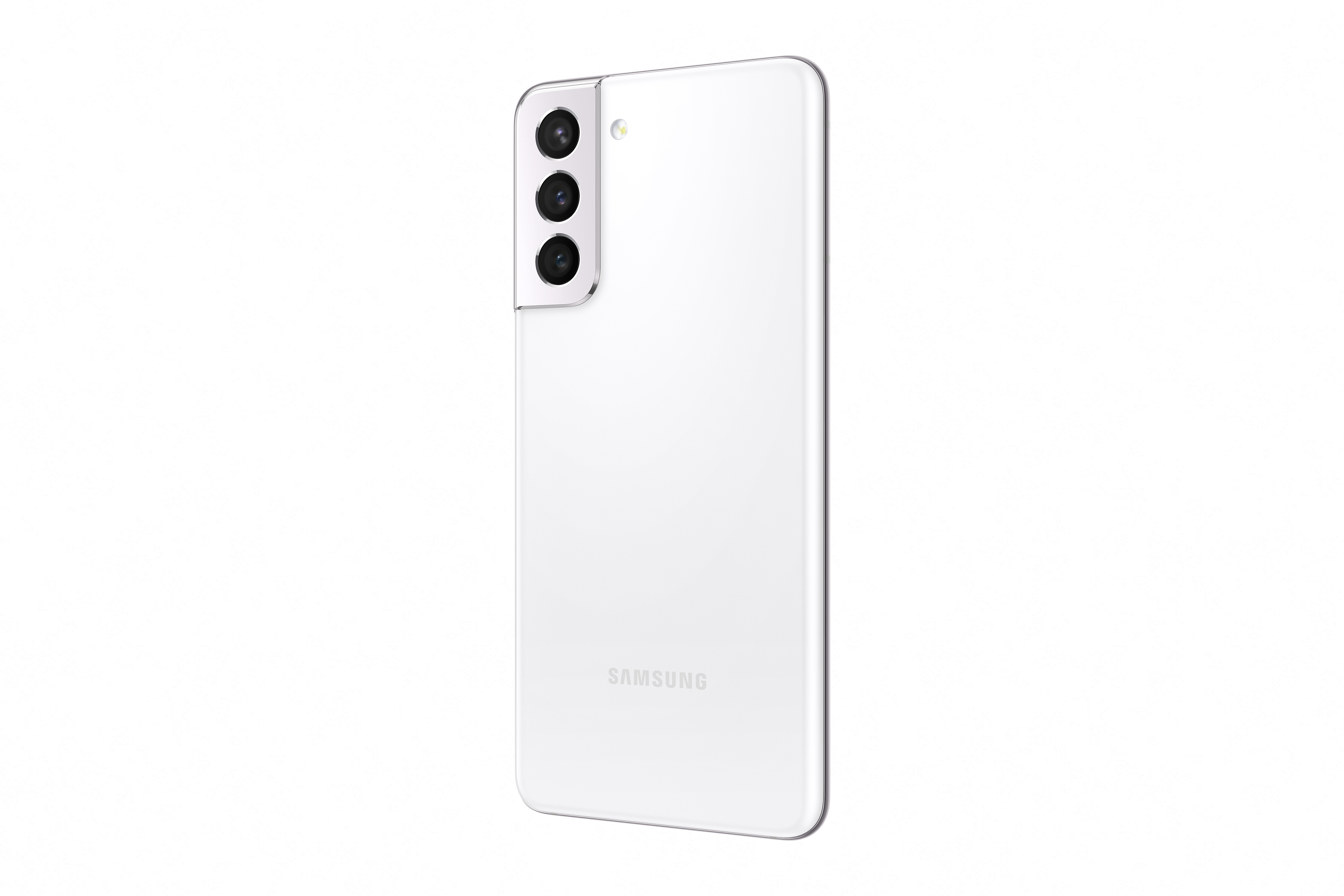 Biały smartfon. Z tyłu widoczne są trzy aparaty i lampa błyskowa. Tło jest białe.