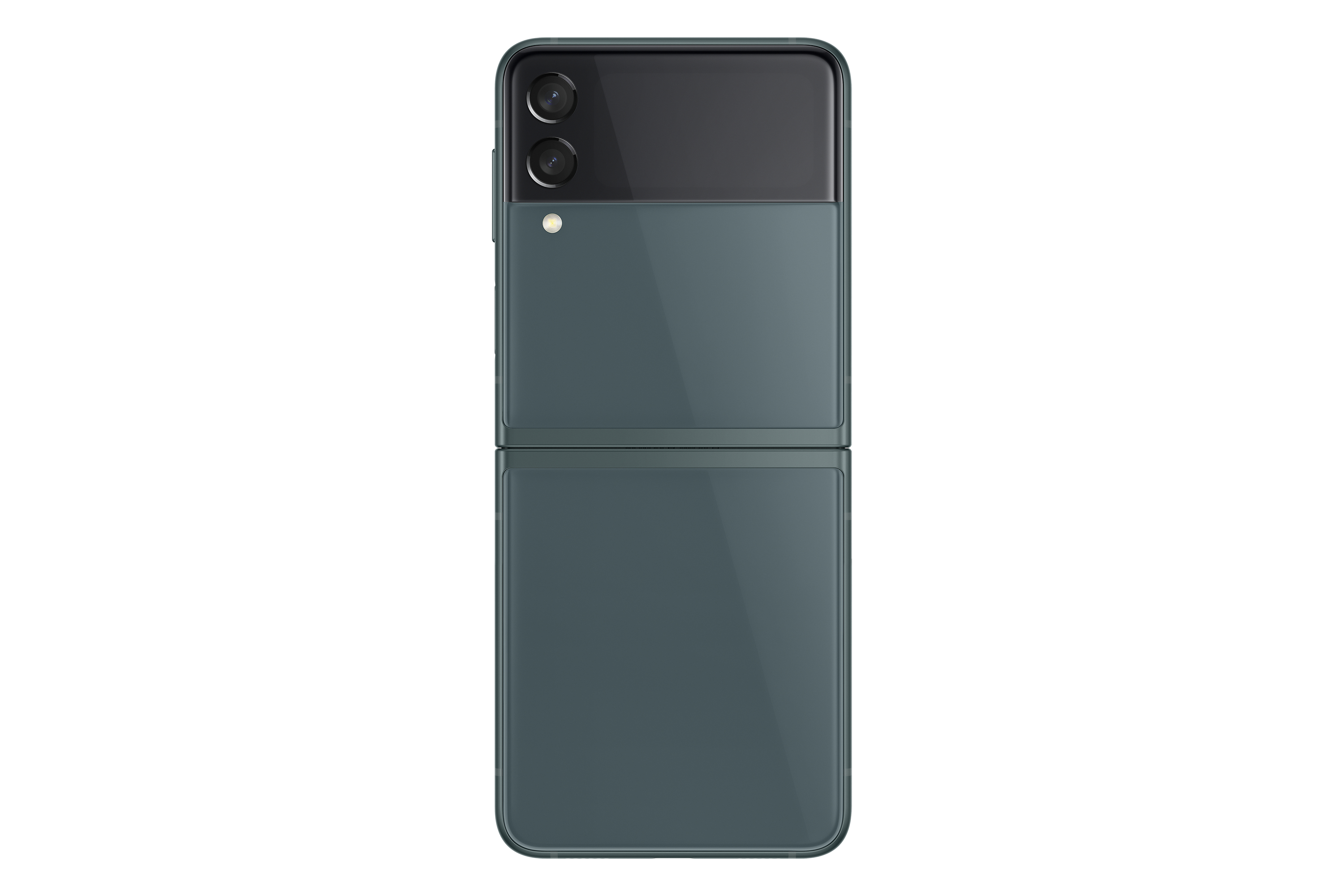 Un smartphone plegable de color verde azulado, cerrado y visto desde la parte trasera.
