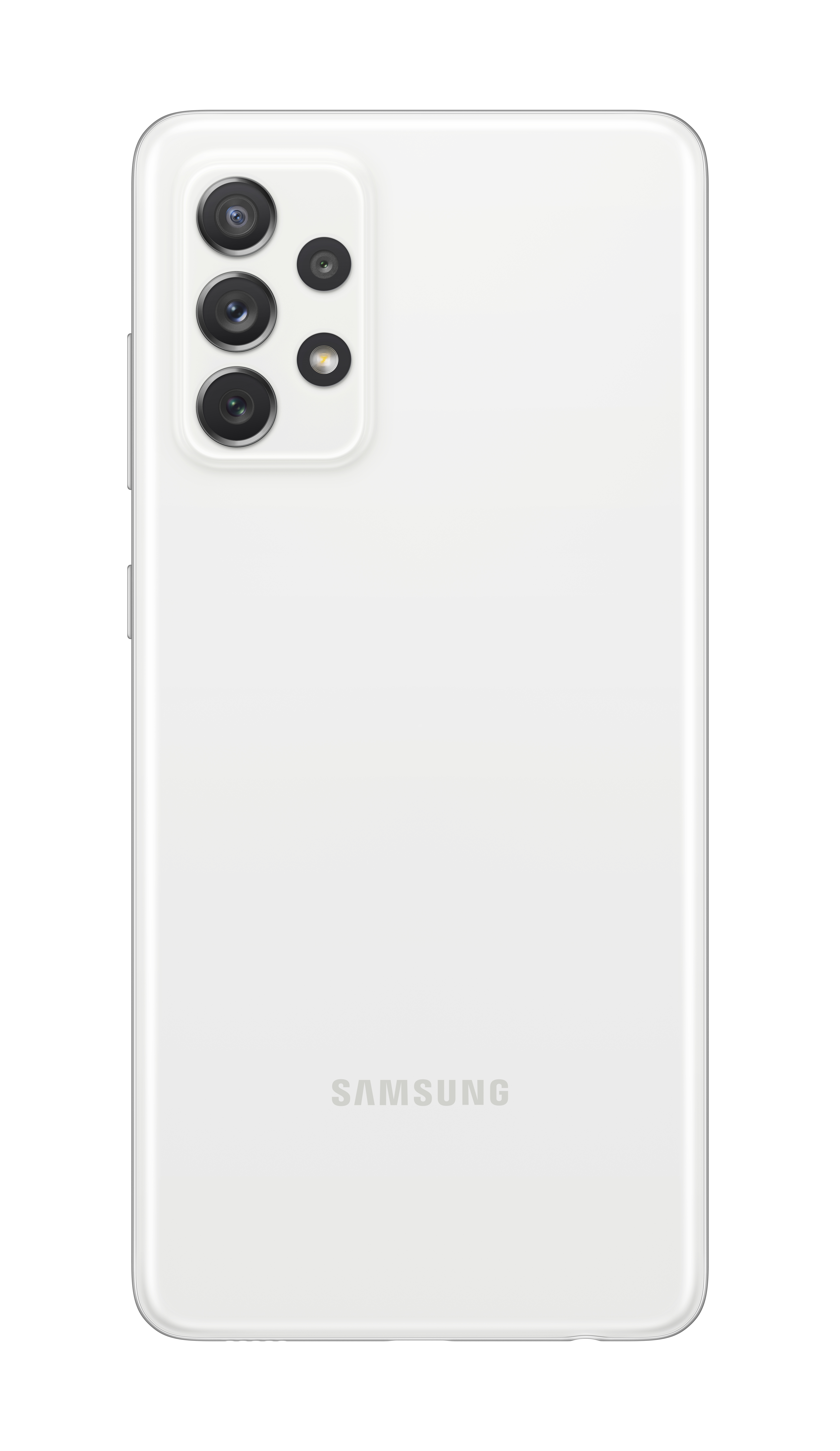 Dos de smartphone blanc avec ensemble de caméras. Logo Samsung en bas.